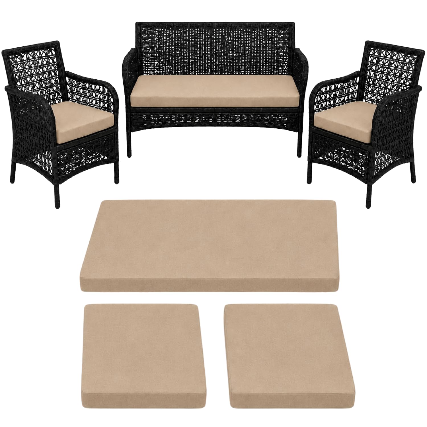 Weavonix 3 Piece Rattan Furniture Replacement Cushion Set, 5 cm Thick High Density Foam Garden Seat Pads, Water-Resistant Outdoor Cushions for 2 Chairs & Sofa, Patio, Balcony and Conservatory - Sand