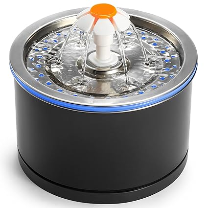 iPettie Pet Water Fountain Stainless Steel, 84oz/2.5L, 4-Stage Filtration, Ultra Quiet Metal Cat Water Fountain with LED Light & Filter for Pet, Kitty & Dog, Black