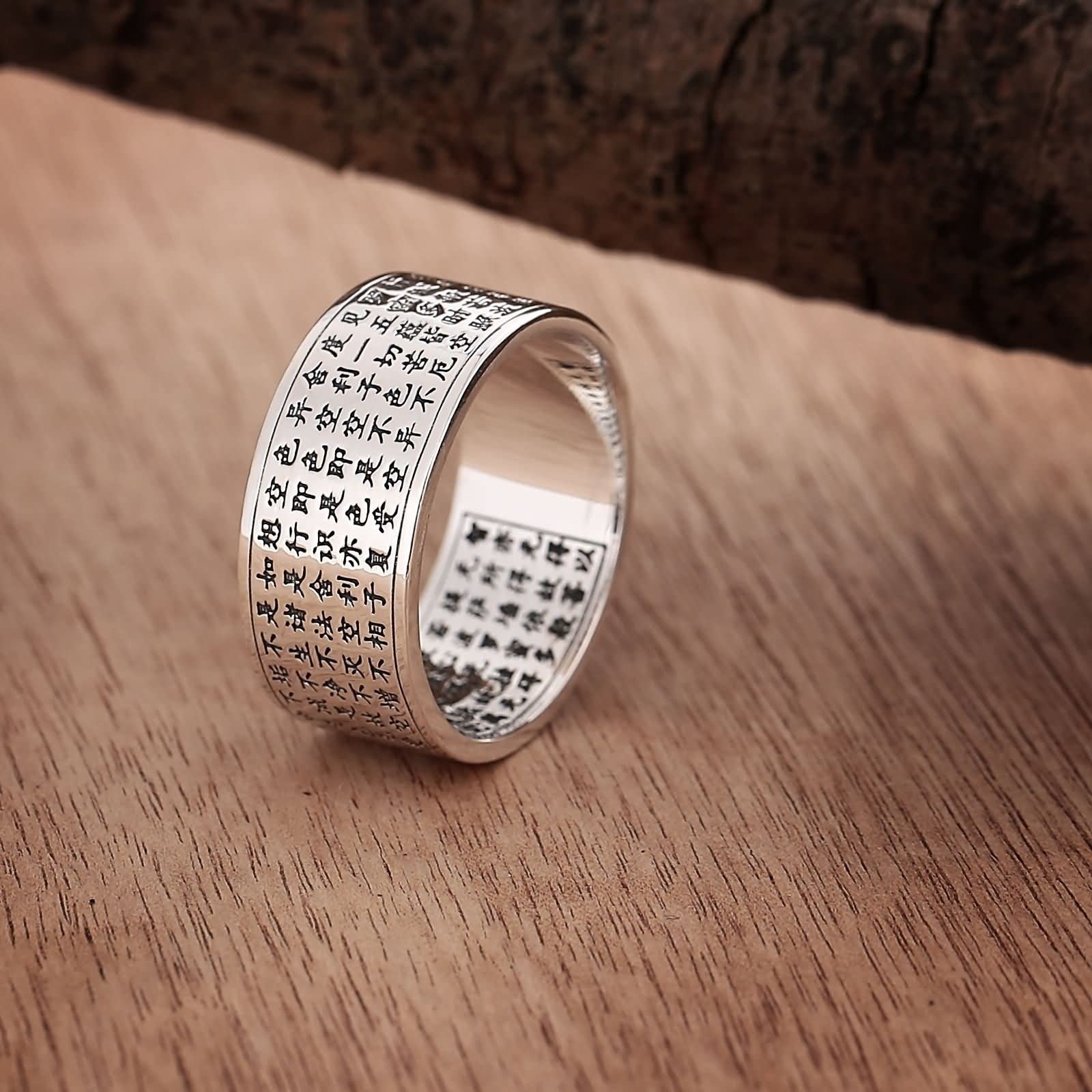 Anillo de Plata para Hombre, Anillos Compromiso Boda Plata de Ley 999 Anillo Budista Punk Rock Grabado Corazón Sutra para Novio