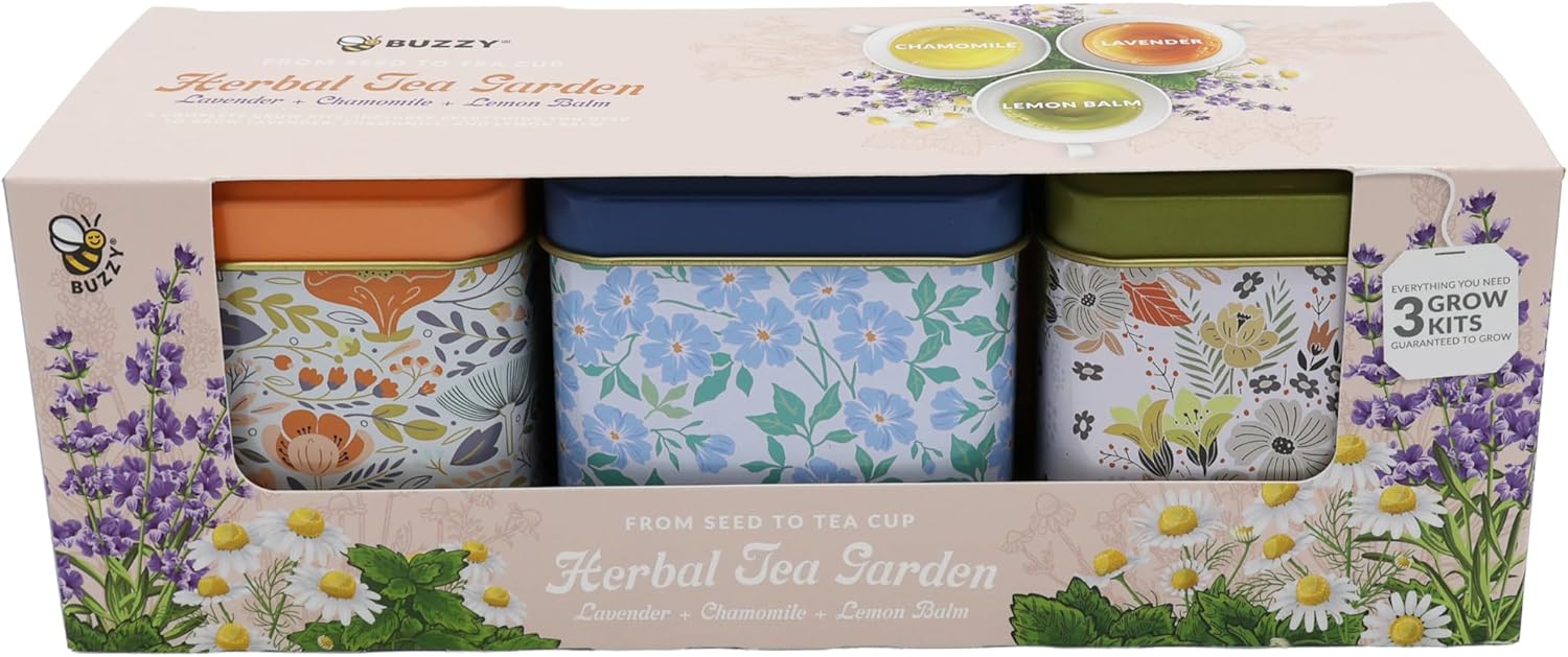 BUZZY Seeds Herbal Tea Garden Grow Kit – 3 Square Tin Planters with Lavender, Chamomile & Lemon Balm Seeds, Easy Indoor Herb Starter, Relaxing Gardening Gift Set