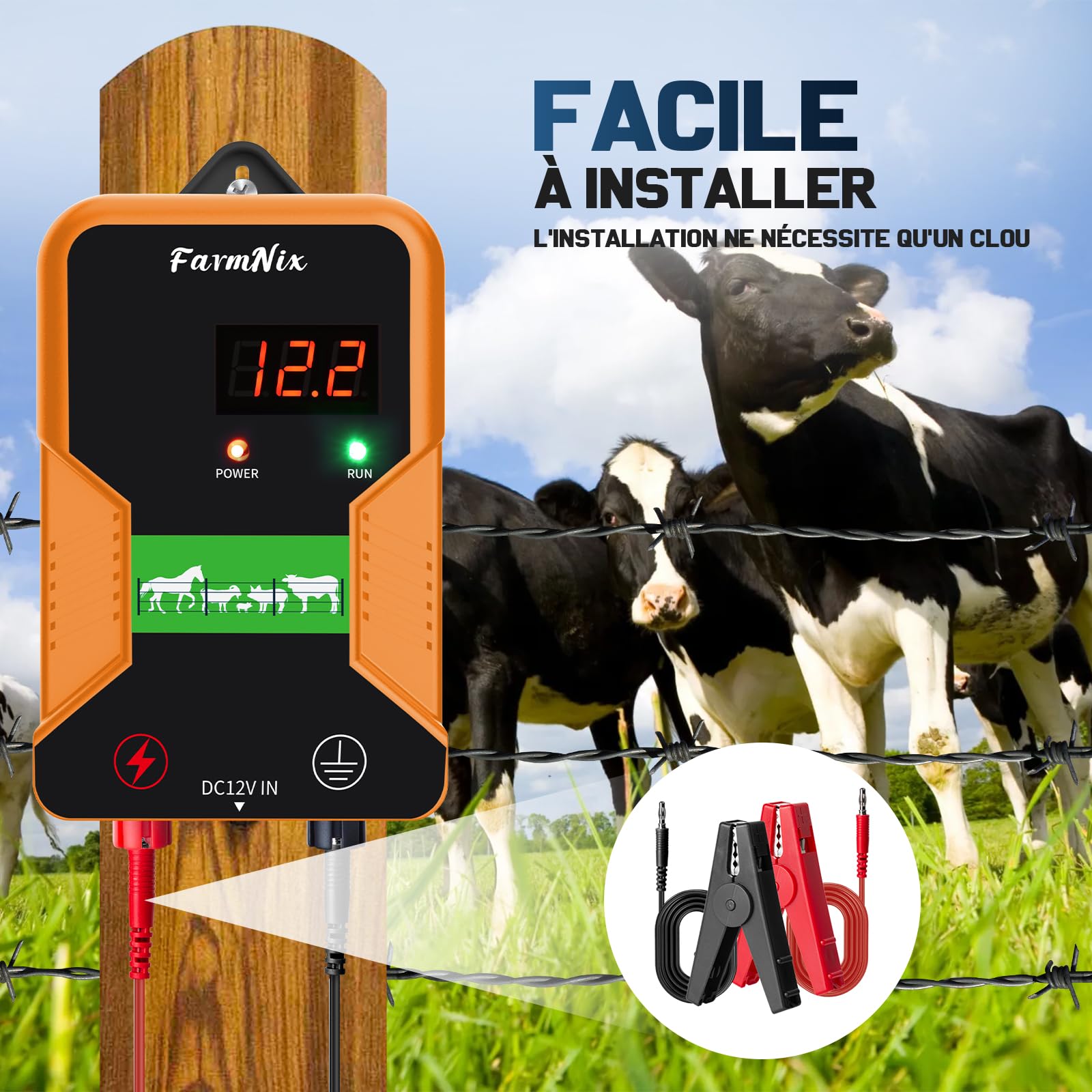 15KM Clôture Électrique pour Bétail Animaux, Électrificateur de Clôture Électrique, Haute Puissance 12V 2.0J 10 Miles, Protection pour Chevaux Bovins Vache Moutons Volaille Ferme Jardin Pâturages