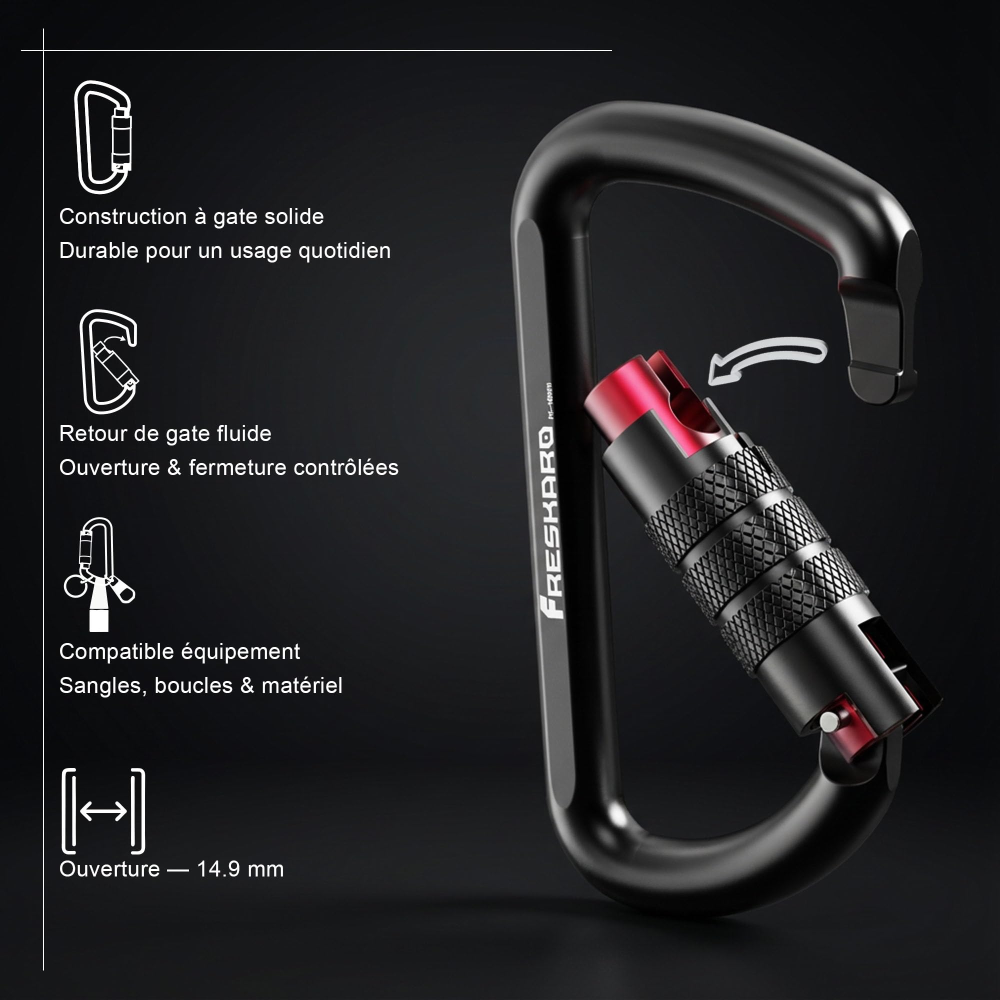 FresKaro 2pcs Mousqueton Verrouillage Automatique, 7075 Aluminium, Charge Lourde 12kN-1224kg, Solide, Ultra Léger, pour Laisse Chien, Hamac, balancoire, Porte Clé, Moyen 8cm, Forme D, Noir et Rose