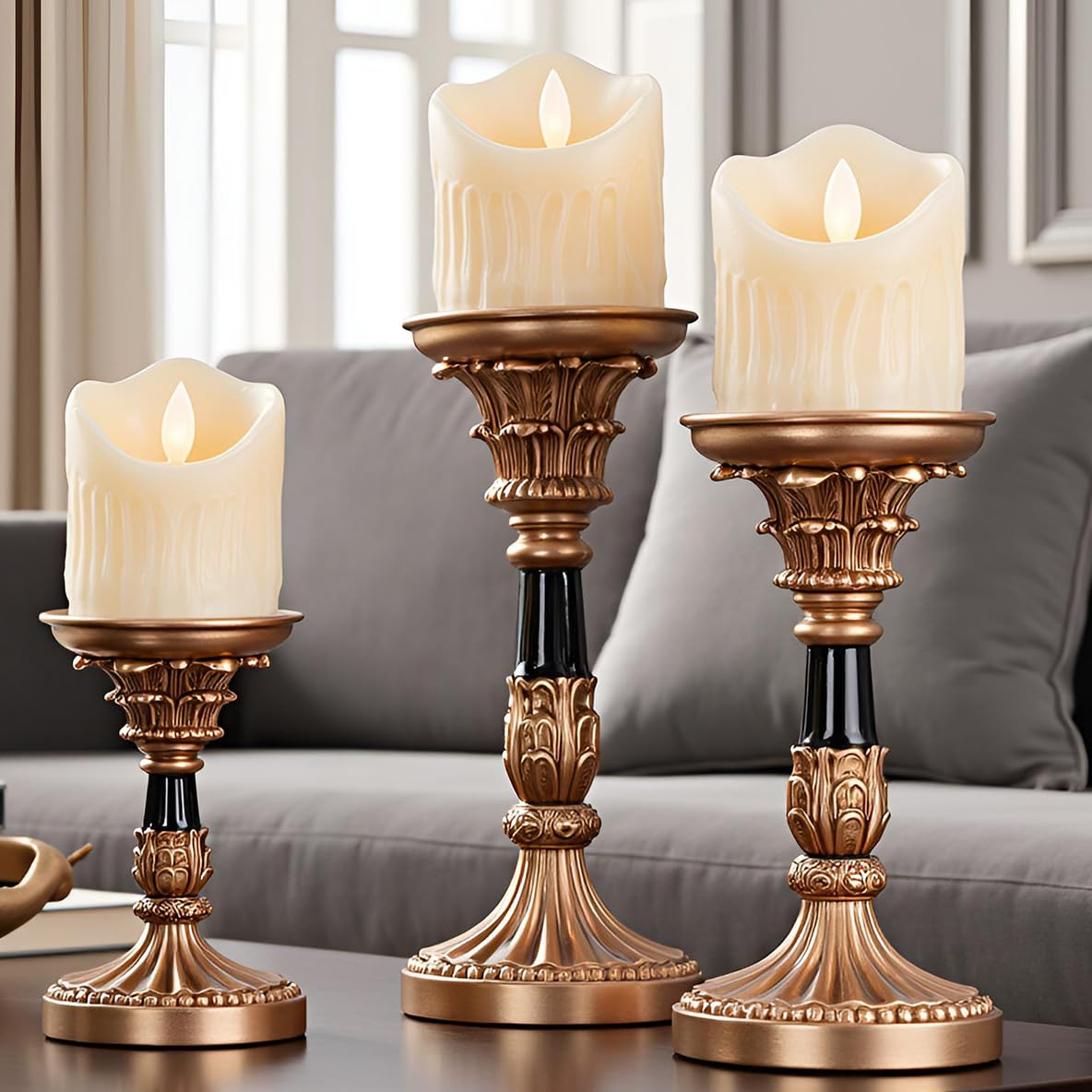 Resin Pillar Candle Holders Set of 3 – an Antique Gold Frame with Engraved Decorations (9", 7.5", 6") with 3.1" Tray & Velvet Anti-Slip Base for Table Centerpiece and Fireplace Mantel Decor
