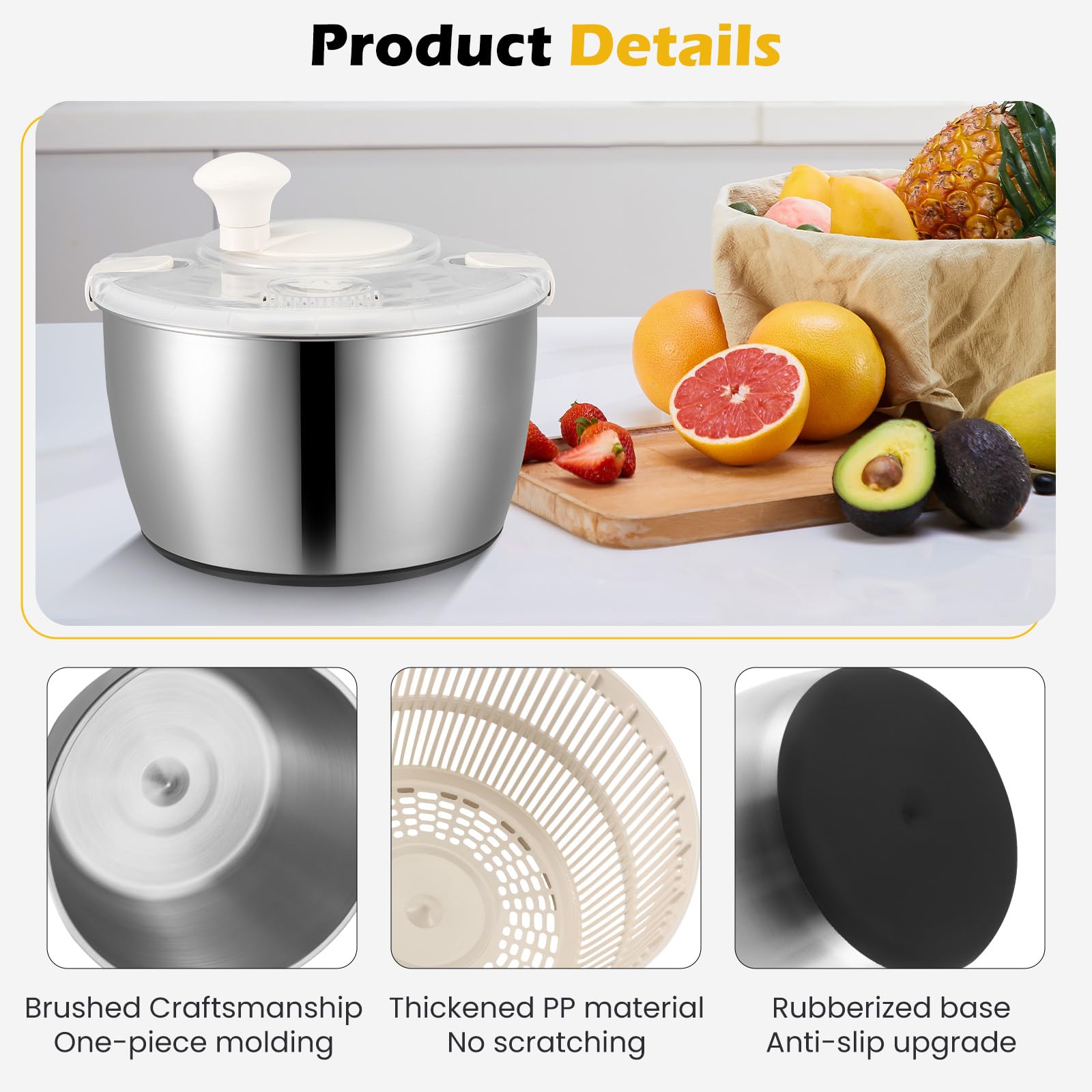 Centrifuga Insalata Acciaio Inox 4,8L - Con Manovella E Base Antiscivolo - Foto 5