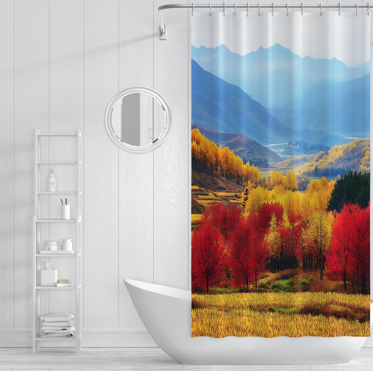 Herbst-Wildnis Bergblick Print-Duschvorhang W150xL200 cm