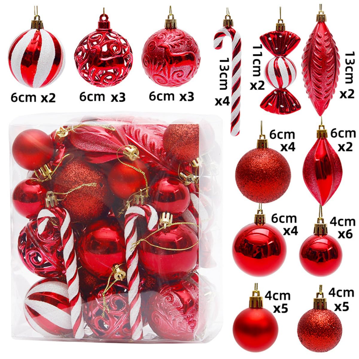 Weihnachtsbaumkugeln, 40PCS Weihnachtsbaum Dekorationen Set, Weihnachtskugeln Baum Dekorationen Kugeln Ornamente für Weihnachten Hängende Dekorationen (Rot)
