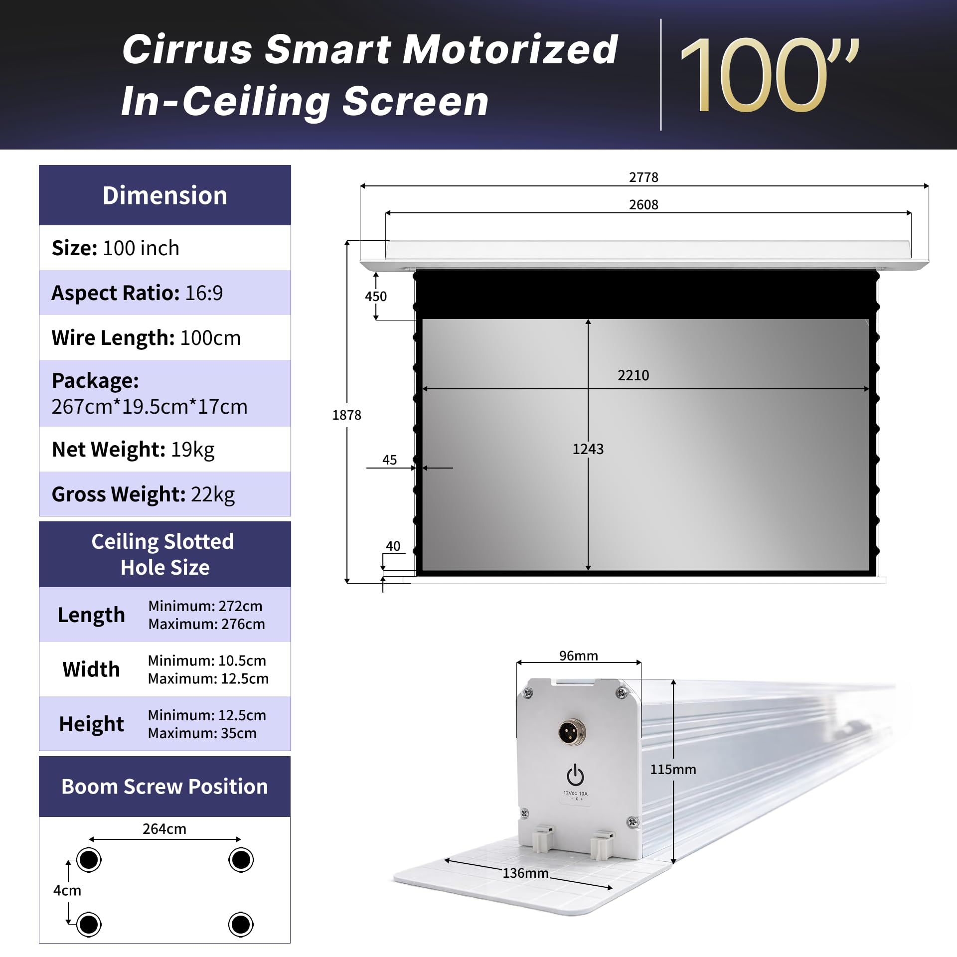 Cirrus CBSP Schermo di Proiezione 100 Pollici, Motorizzato da Incasso a Soffitto, ALR 4K/8K UHD, Compatibile con Proiettori UST, per Ambienti Luminosi C