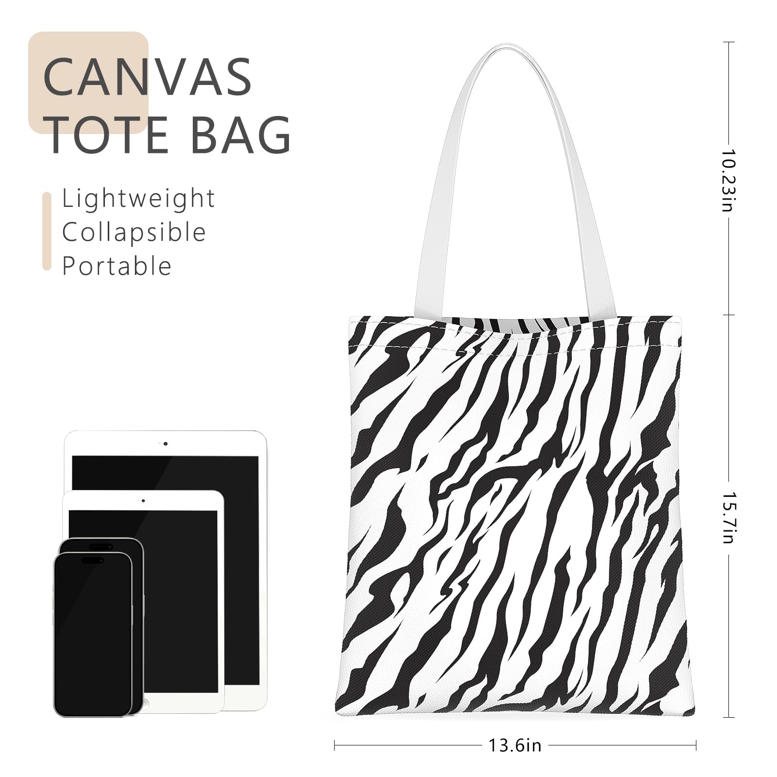 NPOOYI Tote Bag, Canvas Tote Bag for Women, Large Lightweight Reusable Canvas Handbags, Cotton Folding Shoulder Cloth Handbags for Grocery Shopping, Work, 13.6 x 15.7 in, Black Zebra Stripes