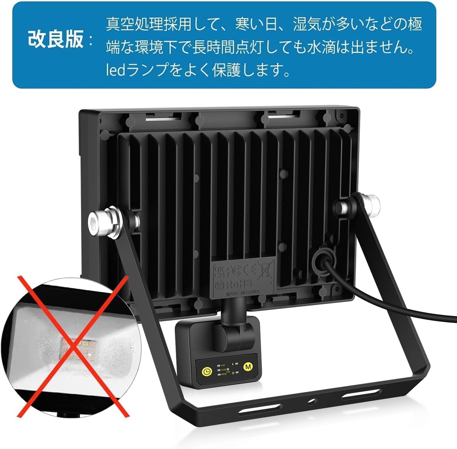 Bak view of the MEIKEE 20W Outdoor PIR Sensor Floodlight, showing the heat sink fins and mounting bracket.