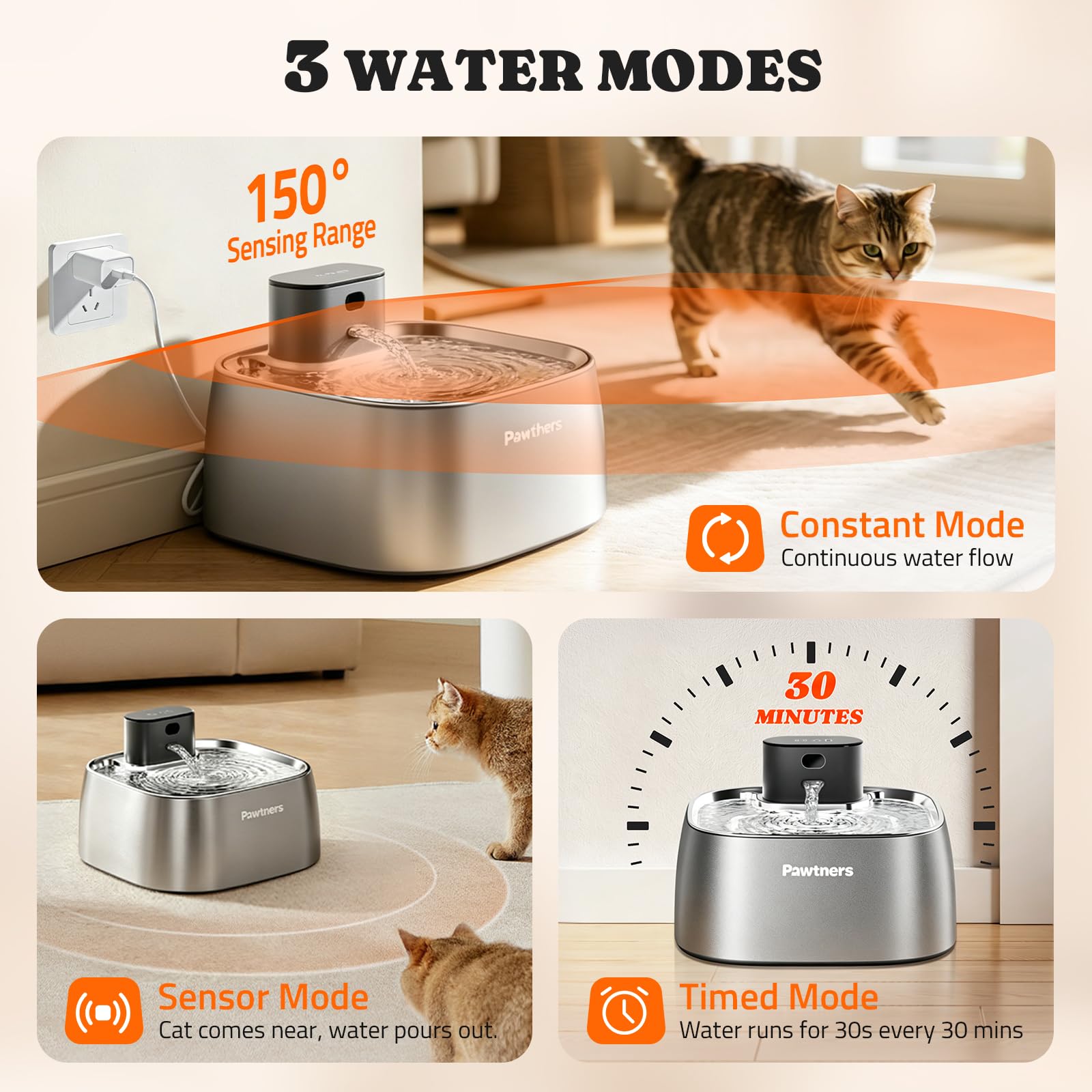Pawtners, Fontana per gatti senza pompa, in acciaio inox, dispenser automatico di acqua senza fili, 3,2 l, con indicatore intelligente e sensore di movimento a 150°