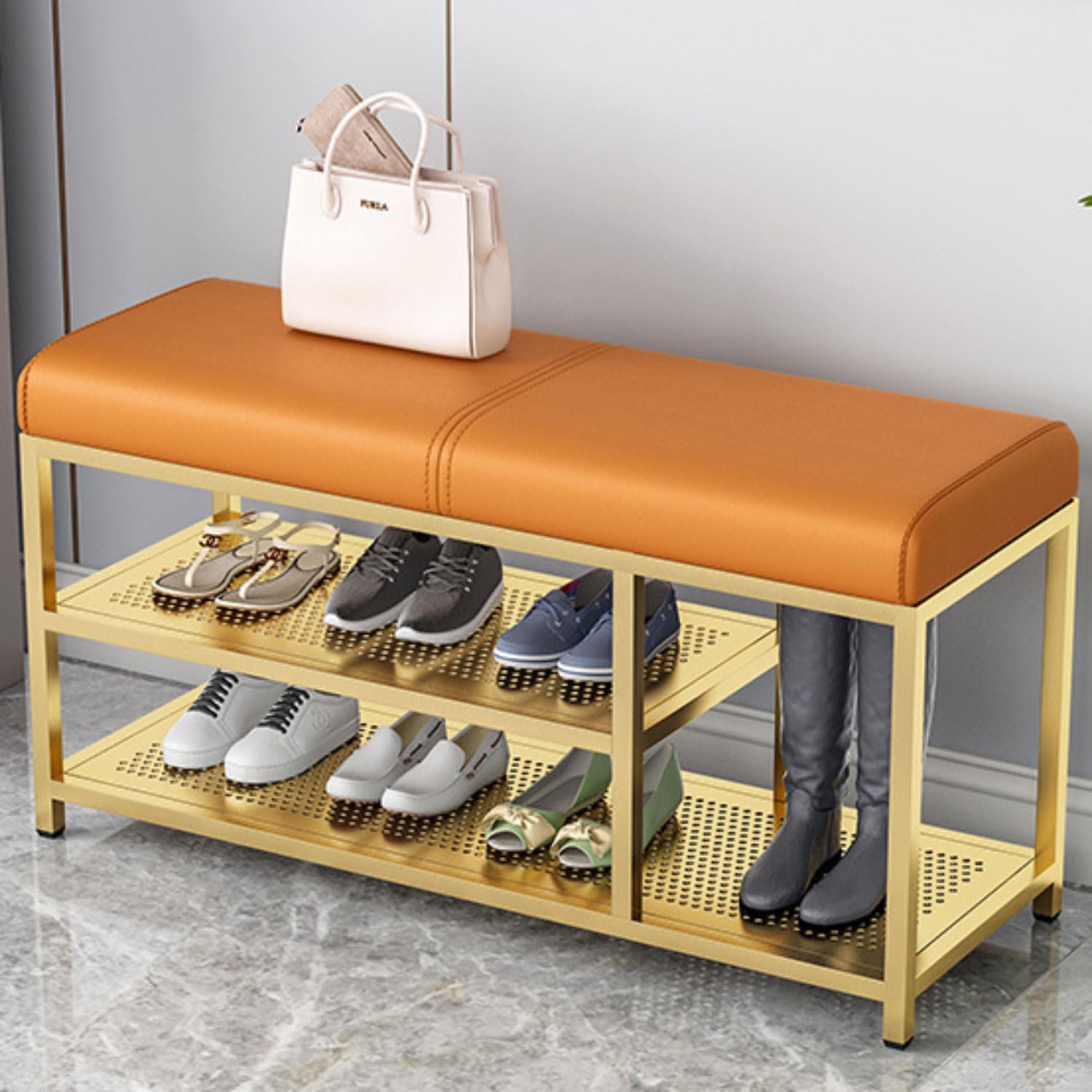 SXZenSpace Upholstered Shoe Storage Bench, Changing Bench Sofa Metal Rack Entrance for Living Room, Balcony, Hallway