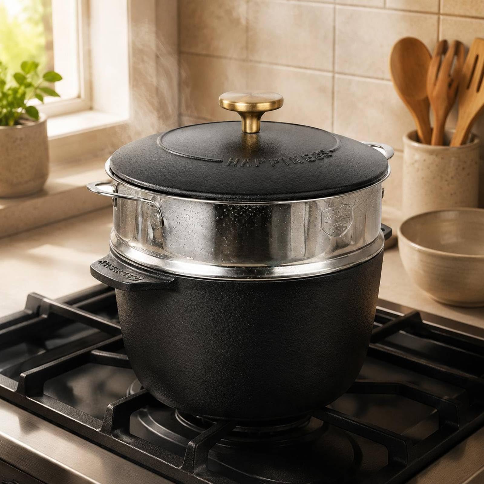 Olla de Hierro Fundido Olla para Estofado Caldera Cazuela Que Retiene y Tamaño Manejable y Compacto para Hervidos y Estofados Apta para Inducción y, color to 1, 20cm Con Vaporera