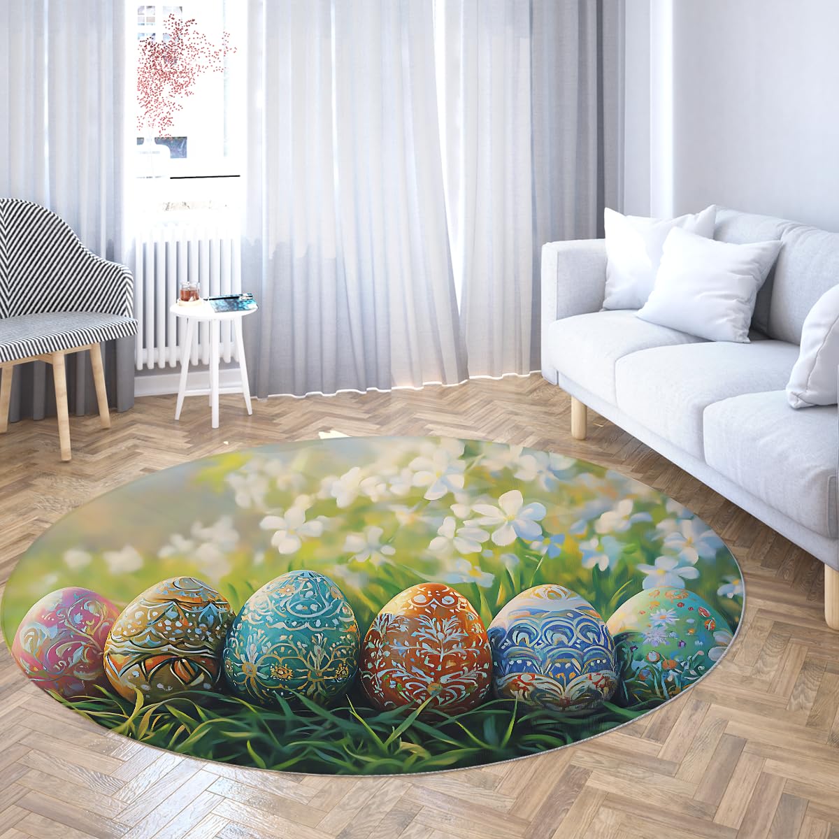 Okrągły dywanik wielkanocny 135 cm (okrągły) pisanki wiosenne dywaniki z wzorem drzewa kwiatowe antypoślizgowe maty wewnętrzne niskie włosie okrągły dywan do salonu sypialni na wakacje