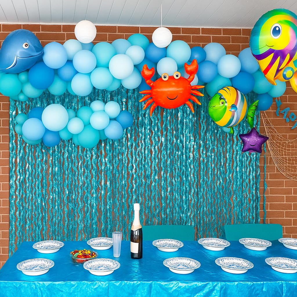 G2PLUS 2 Rideau Franges Vagues Bleu: Rideau Décoratif Métallique Effet ondulé pour Anniversaire Fille, Fête Sirène, Princesse des Glaces, Fond Photo Magique