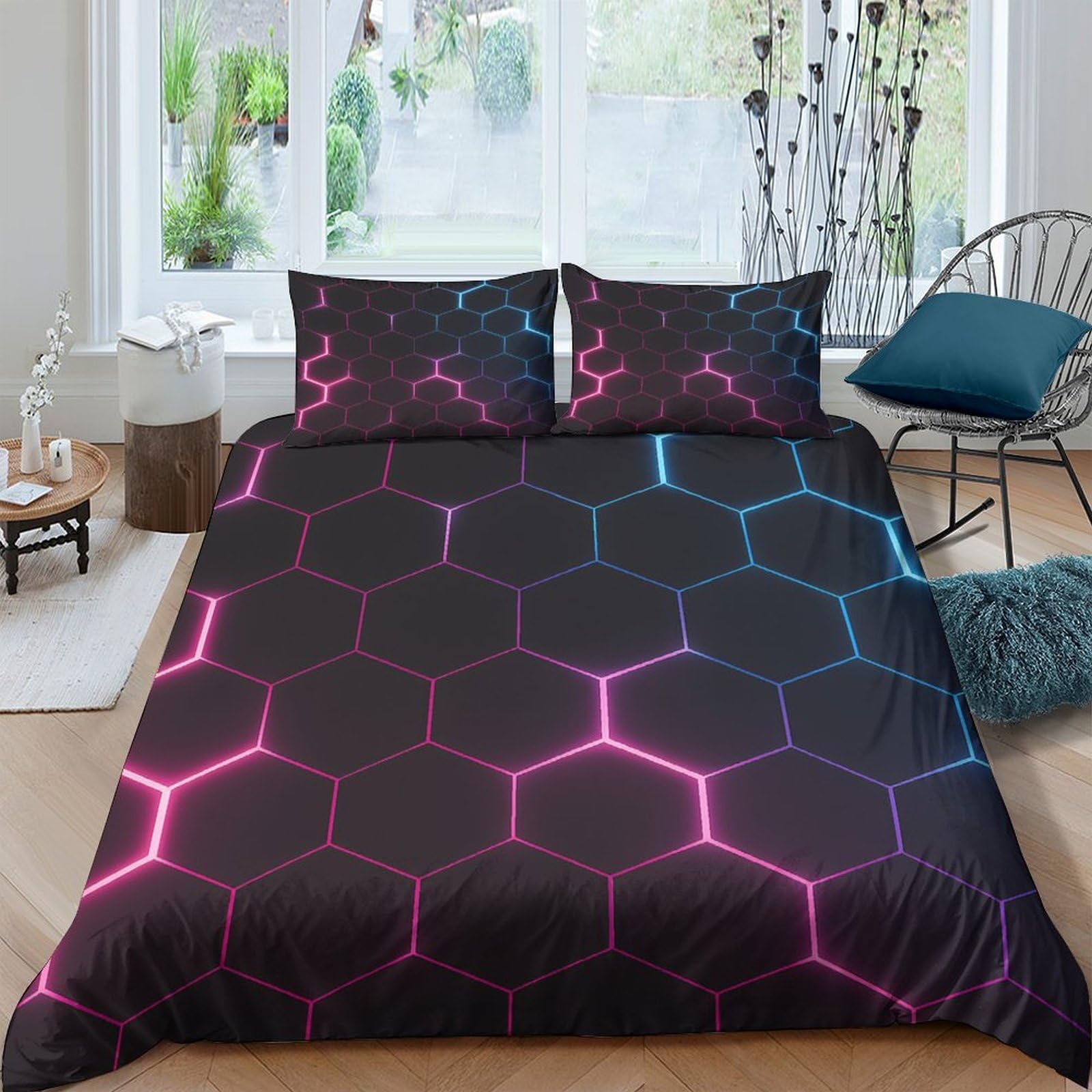 Ctjqhvkz Style-3 3D Printed Hexagon Pattern Fitted Sheet Microfiber Soft Breathable Neon Gradient Bed Cover For Bedroom Decor Single（135X200cm）