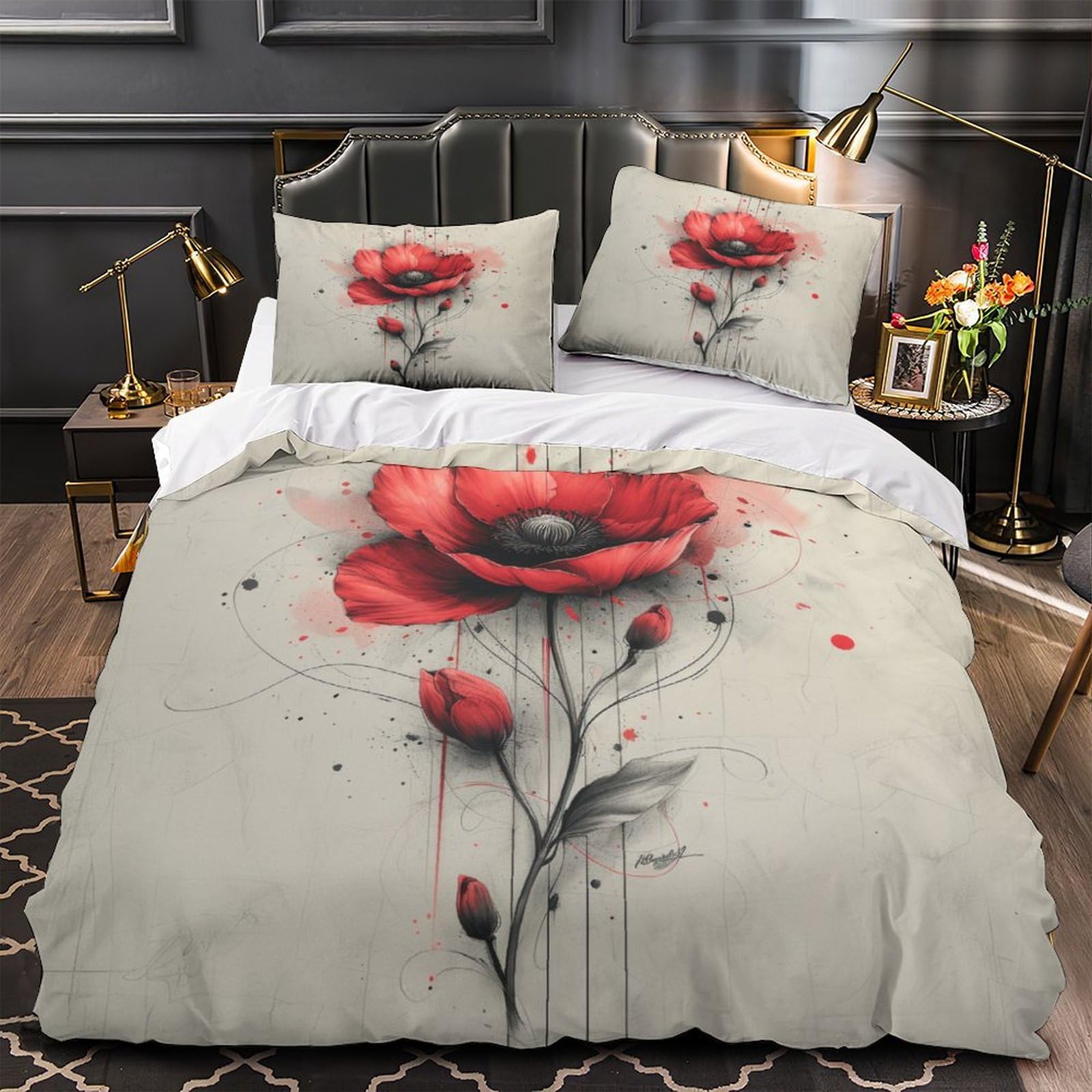 Funda de edredón de 3 piezas con diseño abstracto de flores rojas de calidad hotelera, fundas de cama con fundas de almohada con cierre de cremallera, microfibra hipoalergénica ultrasuave,