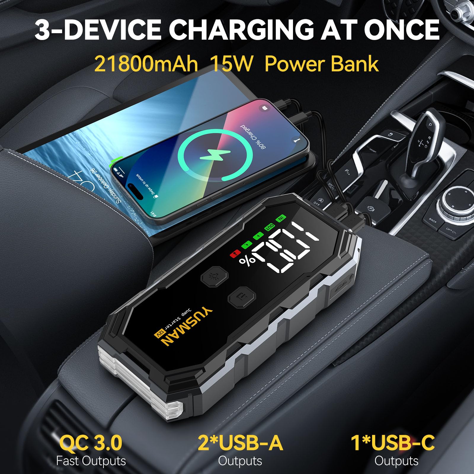 YUSMAN Car Jump Starter, 8000A 12V Jump Battery Pack (All Gas/10.0L Diesel), Portable Jump Starter with Display, Car Jump Starter with Extended Smart Cables, Quick Charge 3.0, LED Light