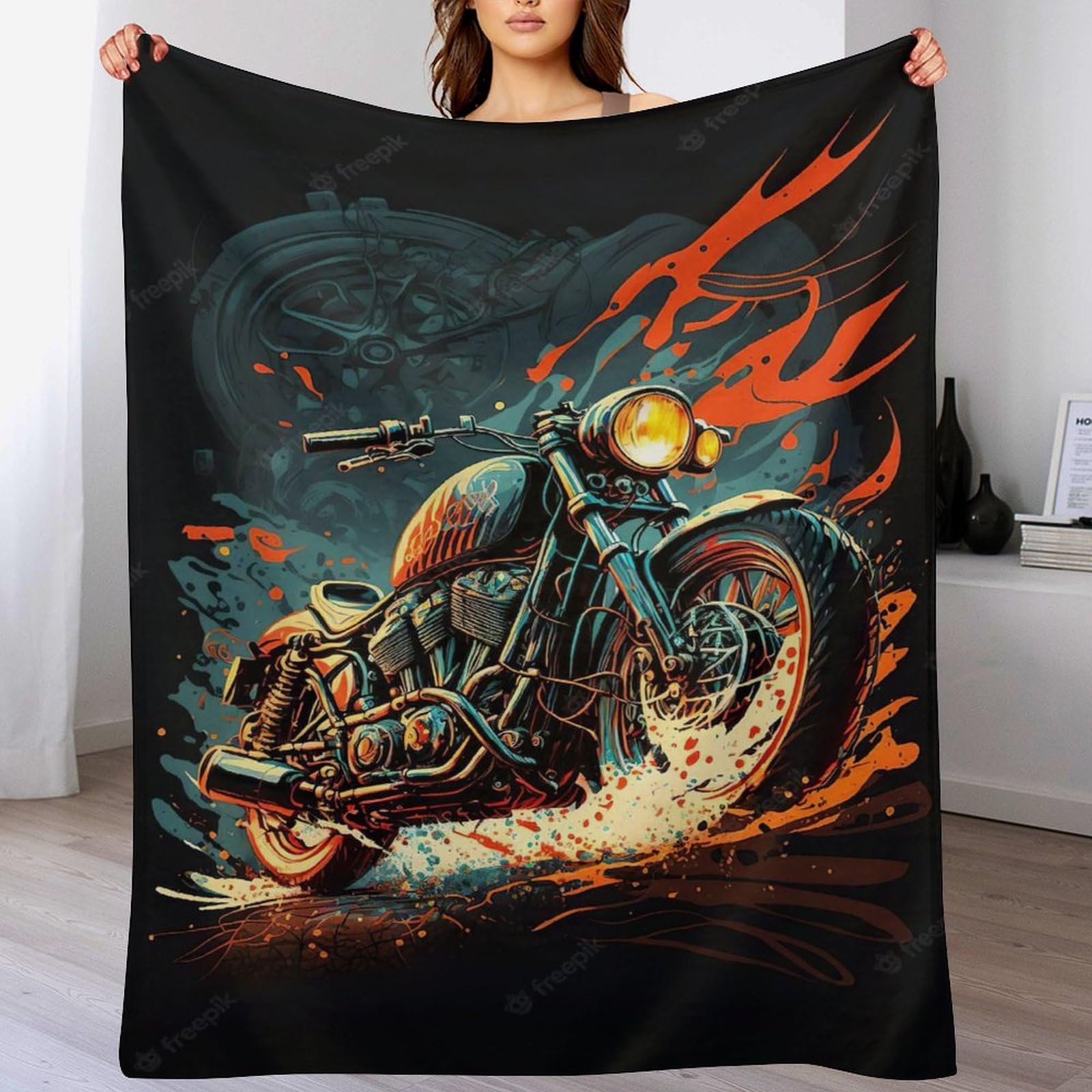 Couverture légère polaire flannel motif moto 3D jeté de lit canapé 140x180