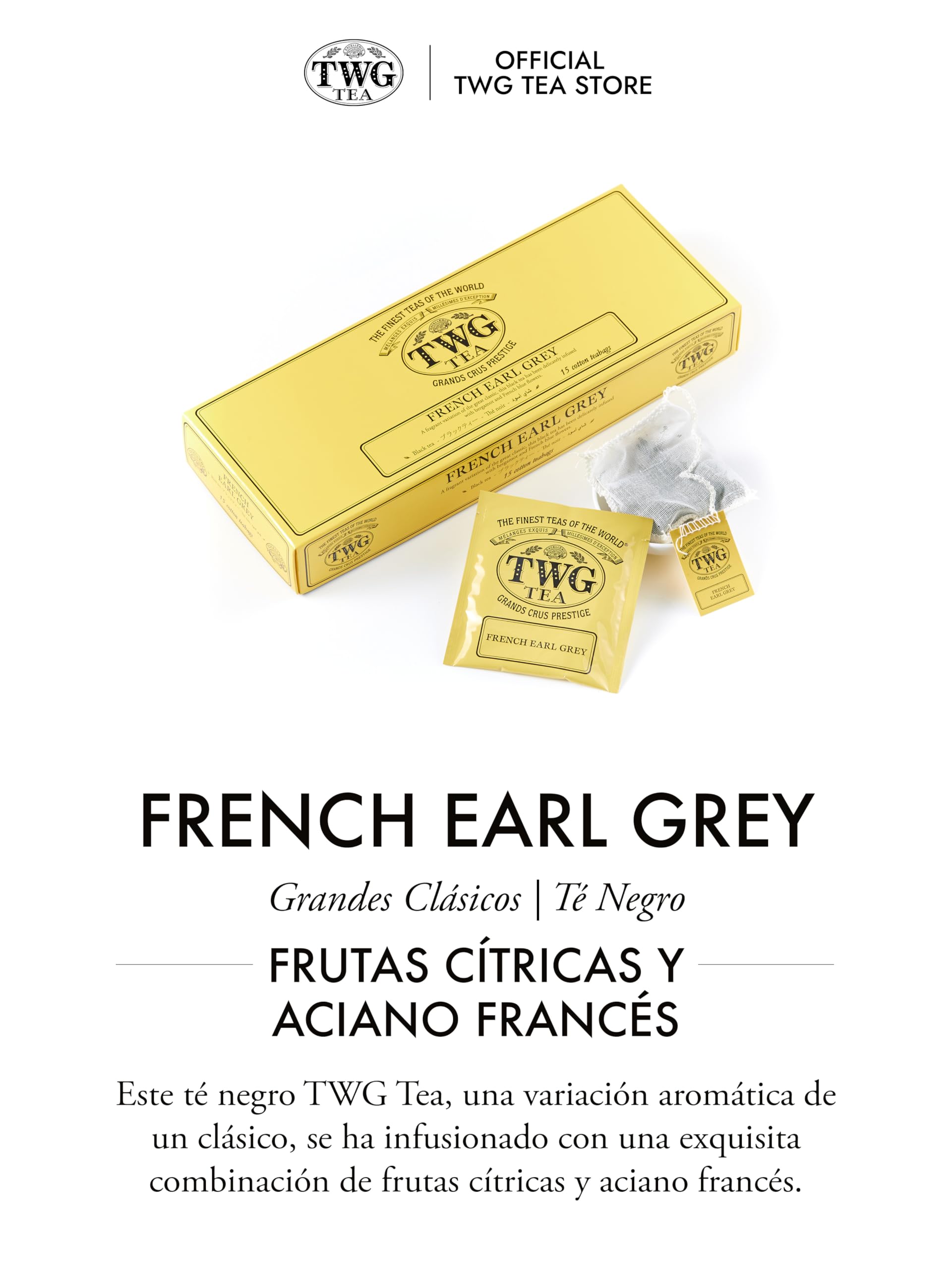 TWG Tea | French Earl Grey | Té Negro | Frutas Cítricas y Acianos Azules | 15 Bolsitas de Té de Algodón Cosidas a Mano | Caja de Regalo Originales