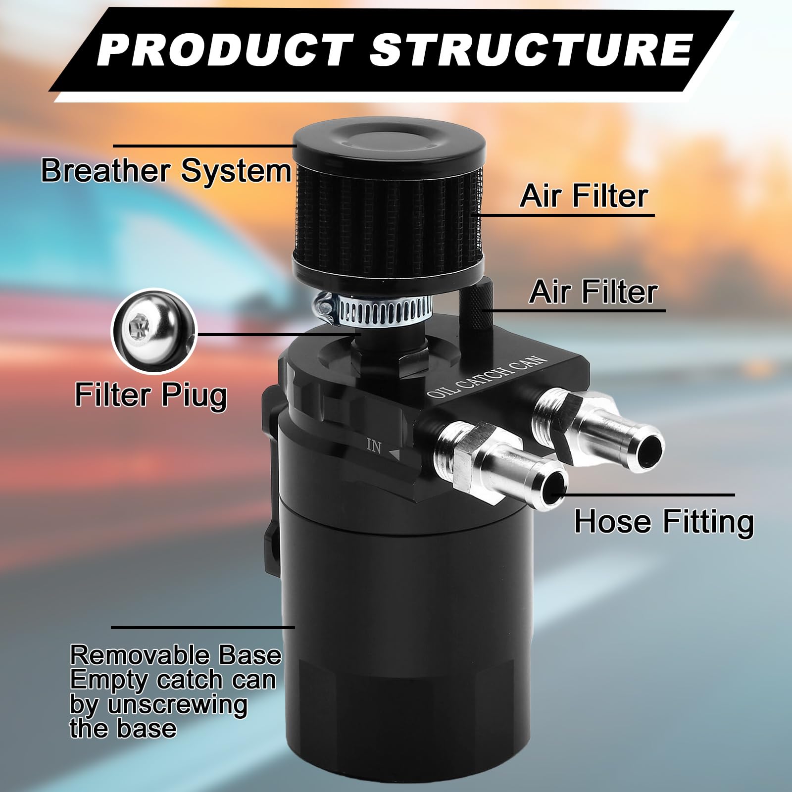 PORFOYO Collecteur d'huile en aluminium 300 ml avec filtre à air, séparateur d'huile avec filtre à air et accessoires, réservoir de voiture, réservoir d'huile pour moteurs de course turbo, noir