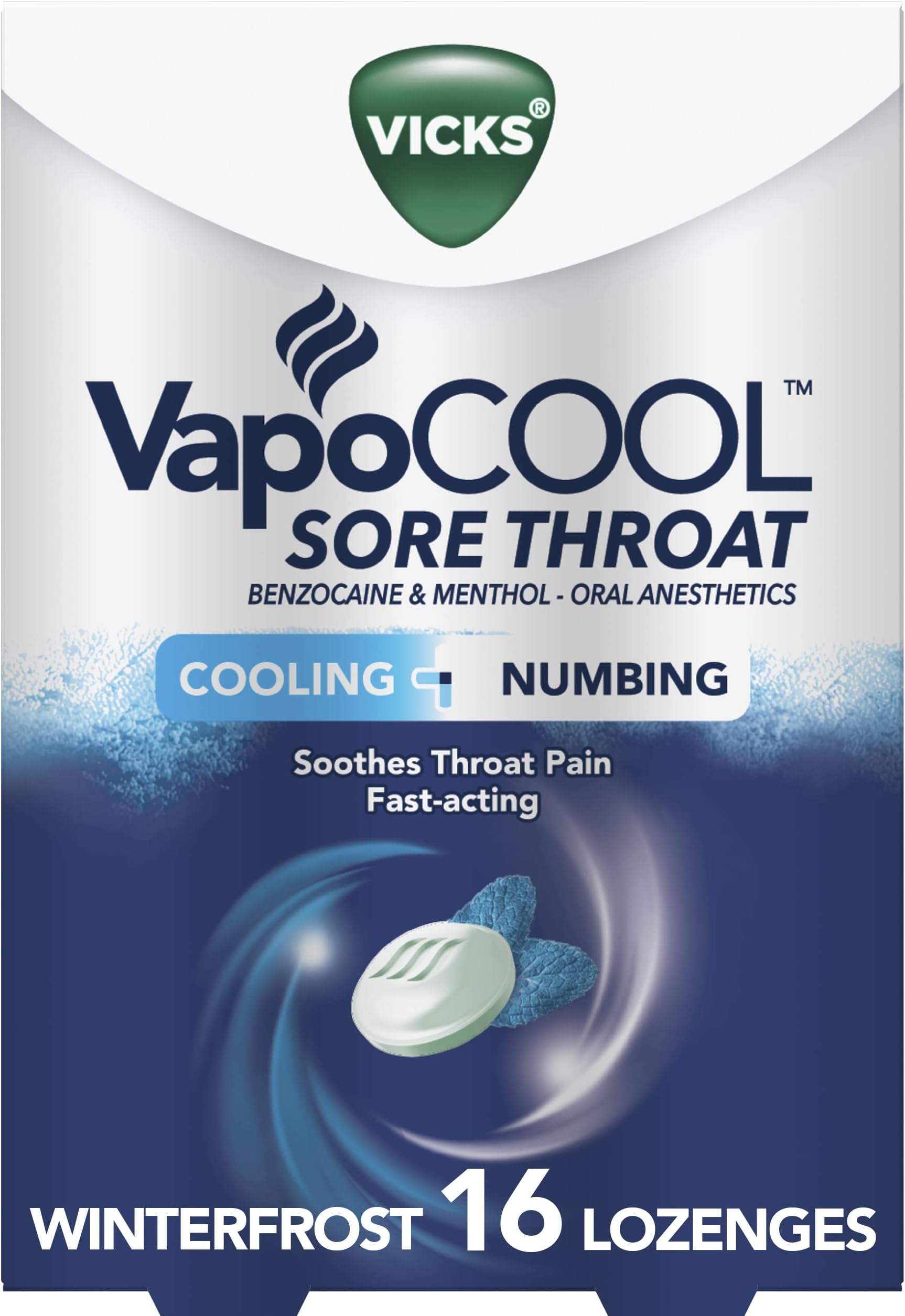 Vicks VapoCool Sore Throat Lozenge Relieves Painful Sore Throat and Mouth, Winterfrost, 16 Count(Pack of 1)