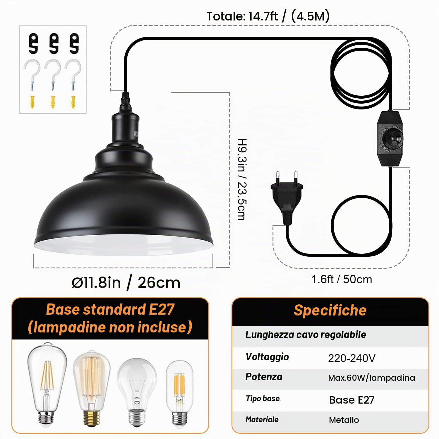 2 Pezzi Lampada a Sospensione con Spina, E27 Vintage Lampadario Nero, Ø26CM | Lampada a Sospensione con Cavo da 4.5M e Interruttore Regolabile,Lampadari Paralume per Cucina Magazzino Fattoria