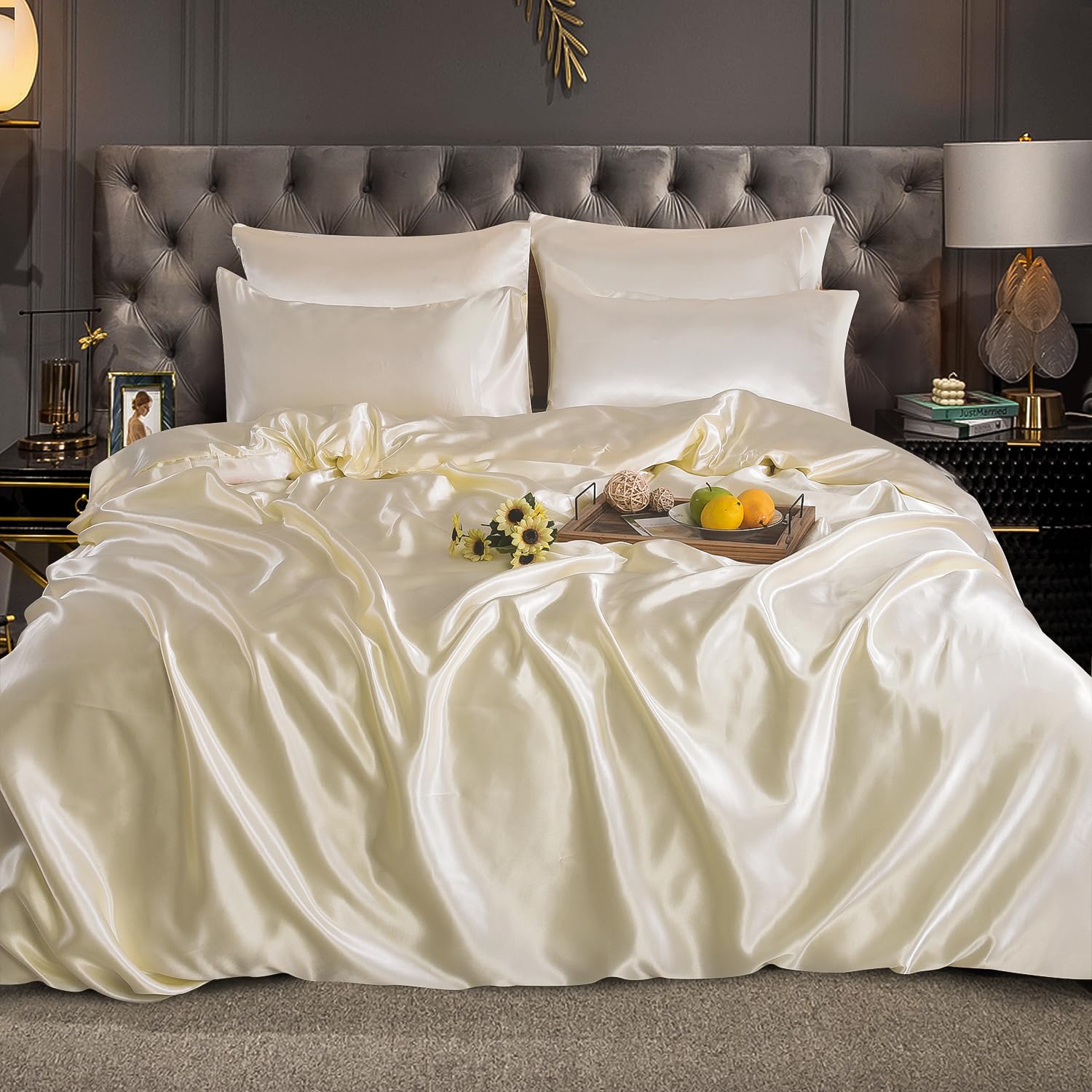 Satin Silk Complete Bedding Set - 6 PCS - Fitted sheet, Duvet Cover, 4 Pillow Cases. Color - Cream Size - King