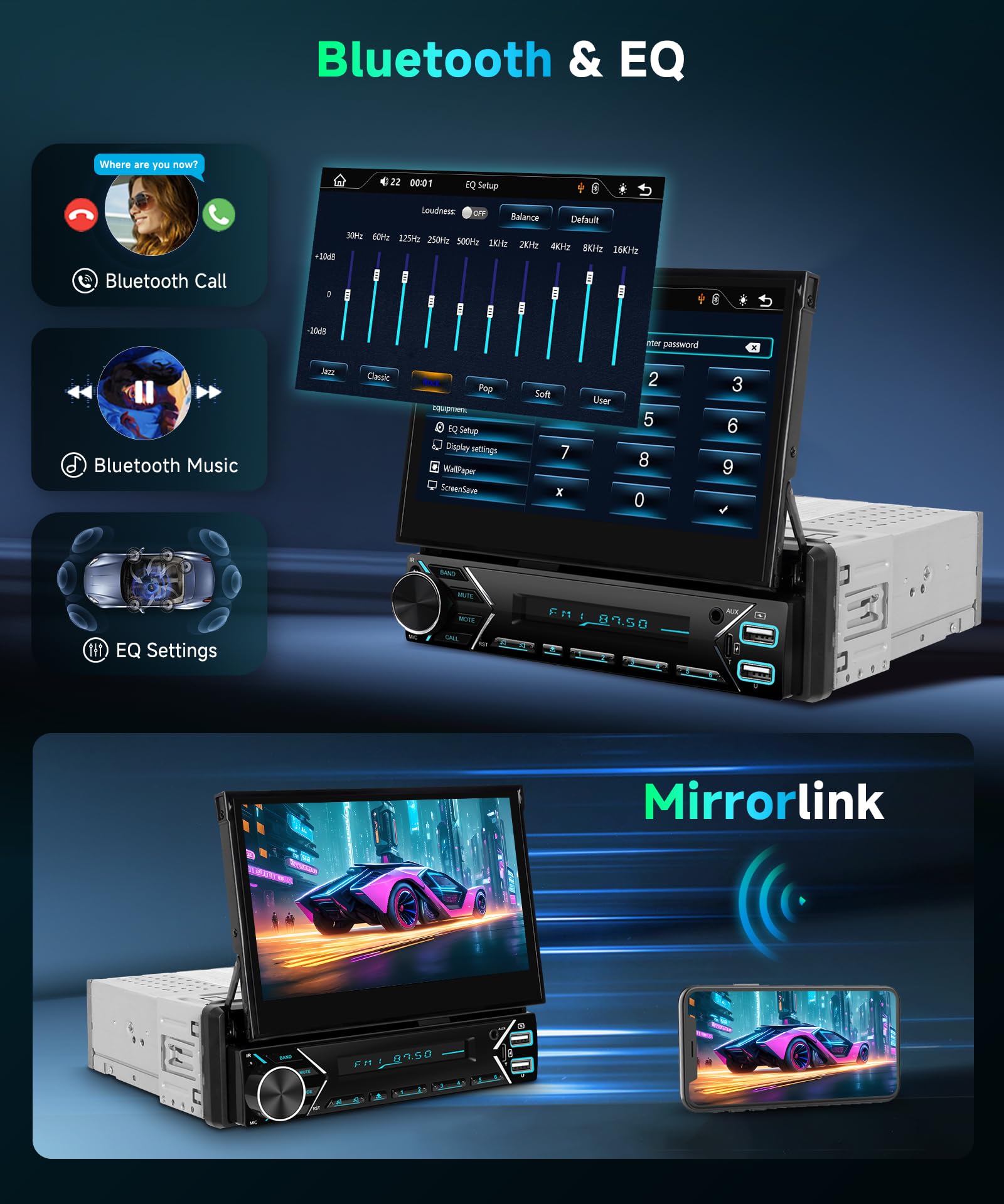 Autoradio Dab 1 DIN, CarPlay sans Fil, Android Auto, Radio 7 Pouces avec écran rétractable Automatique, Radio Bluetooth, Commande au Volant/Lien Miroir/égaliseur/USB-C + caméra de recul