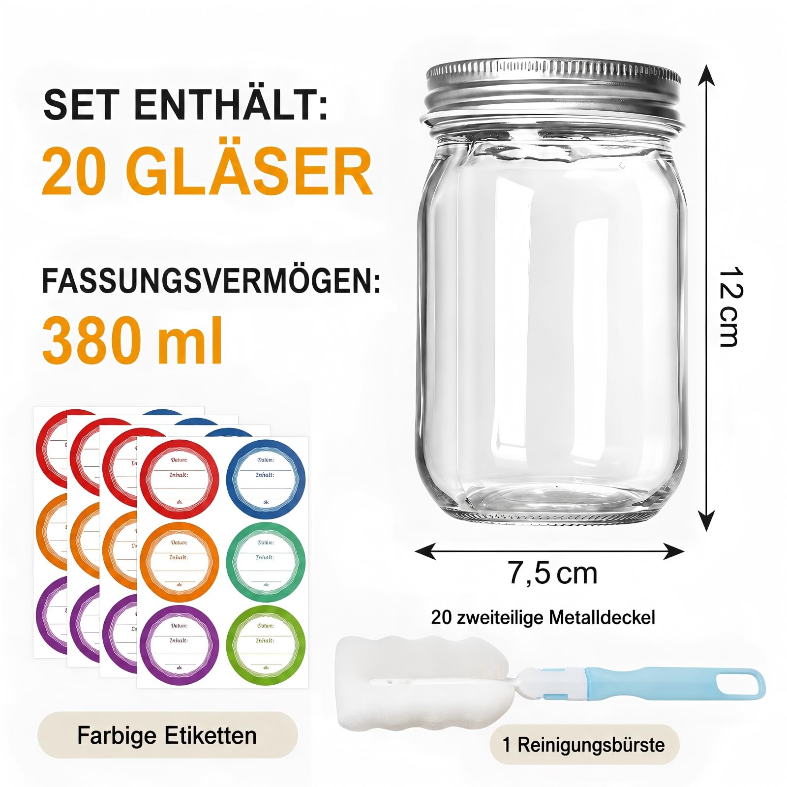 20er Set Einmachgläser 380 ml, Mason Jars mit zweiteiligem Schraubdeckel