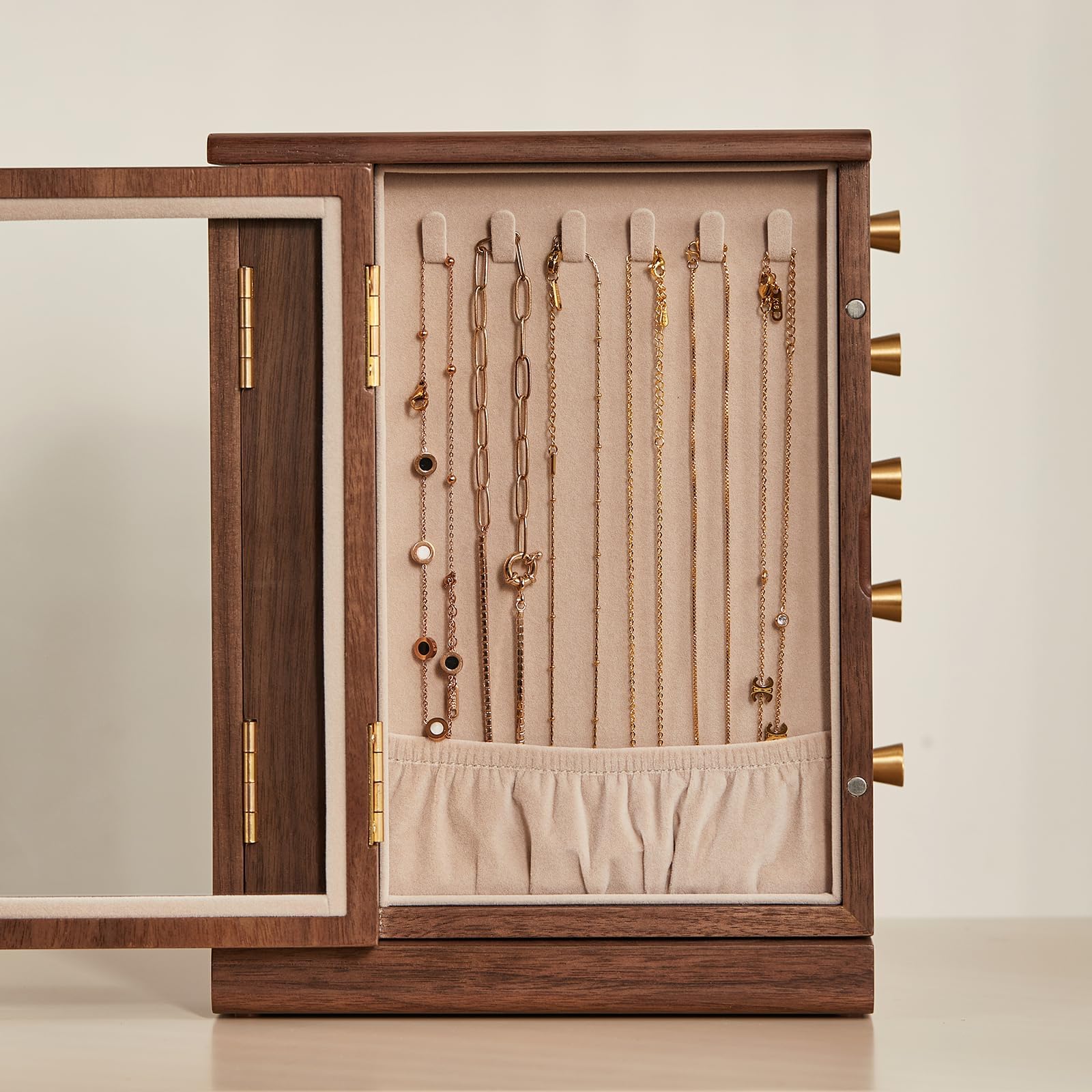 grande Joyero de nogal negro, organizador de joyas de madera giratorio 360° con cinco cajones y ventanas laterales de vidrio, Regalo para Ella
