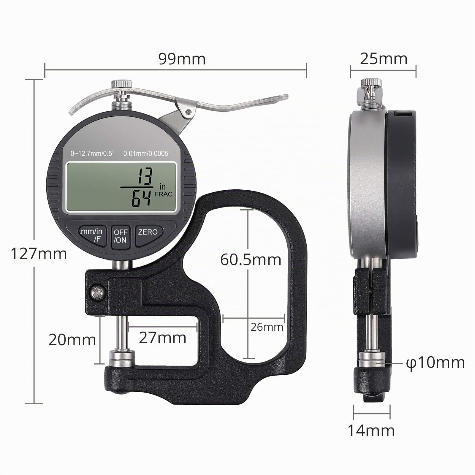 Neoteck Jauge d’Epaisseur Numérique Mesure Thickness Digital 0-12.7 mm,0.01mm/0.0005"/1/128"Micromètre Eléctrique Mm/Pouce/Fraction Pourcentage Affichage LCD à Cristaux Liquides Tissu Cuir Papier