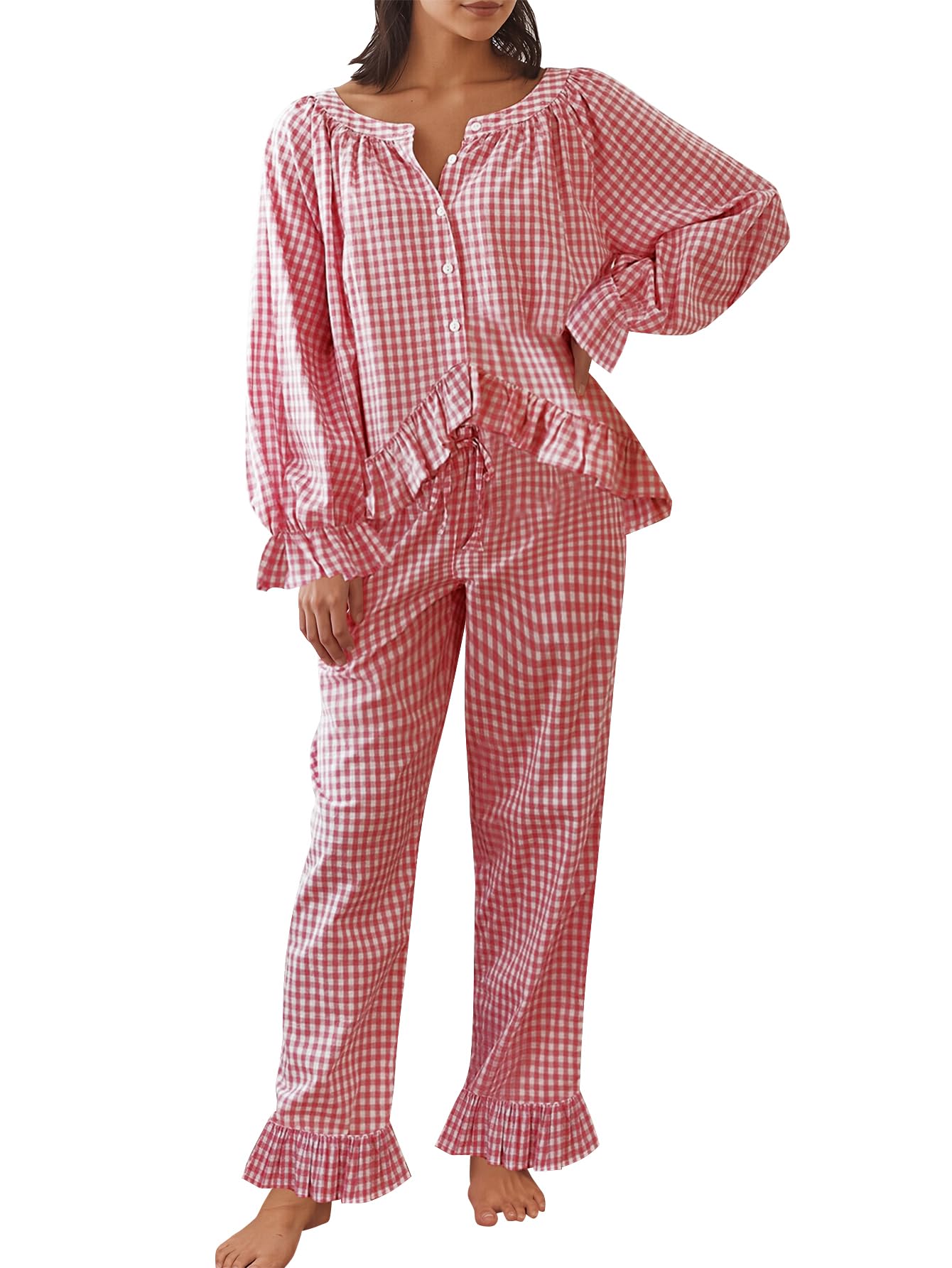 Womens Gingham Pajama Set 2 Piece Plaid Button Down Puff Long Sleeve Babydoll Shirt and Pants Y2K Pjs Lounge Set Fall Outfits