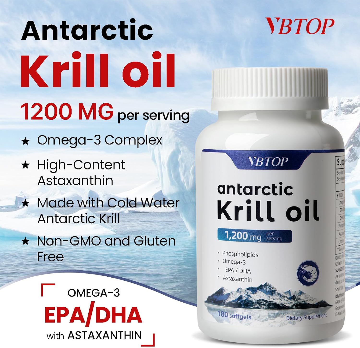 Antarctic Krill Oil 1200mg with Omega-3 EPA DHA, Phospholipids, Astaxanthin & Choline, Mercury Free, No Fishy, Supports Heart, Brain & Joint Health, 360 Softgels