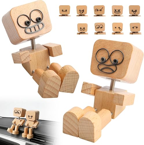 Denwwico 2 Pieces Shaking Feet Wooden Man Figurine, Handmade Wood Doll with 12 M