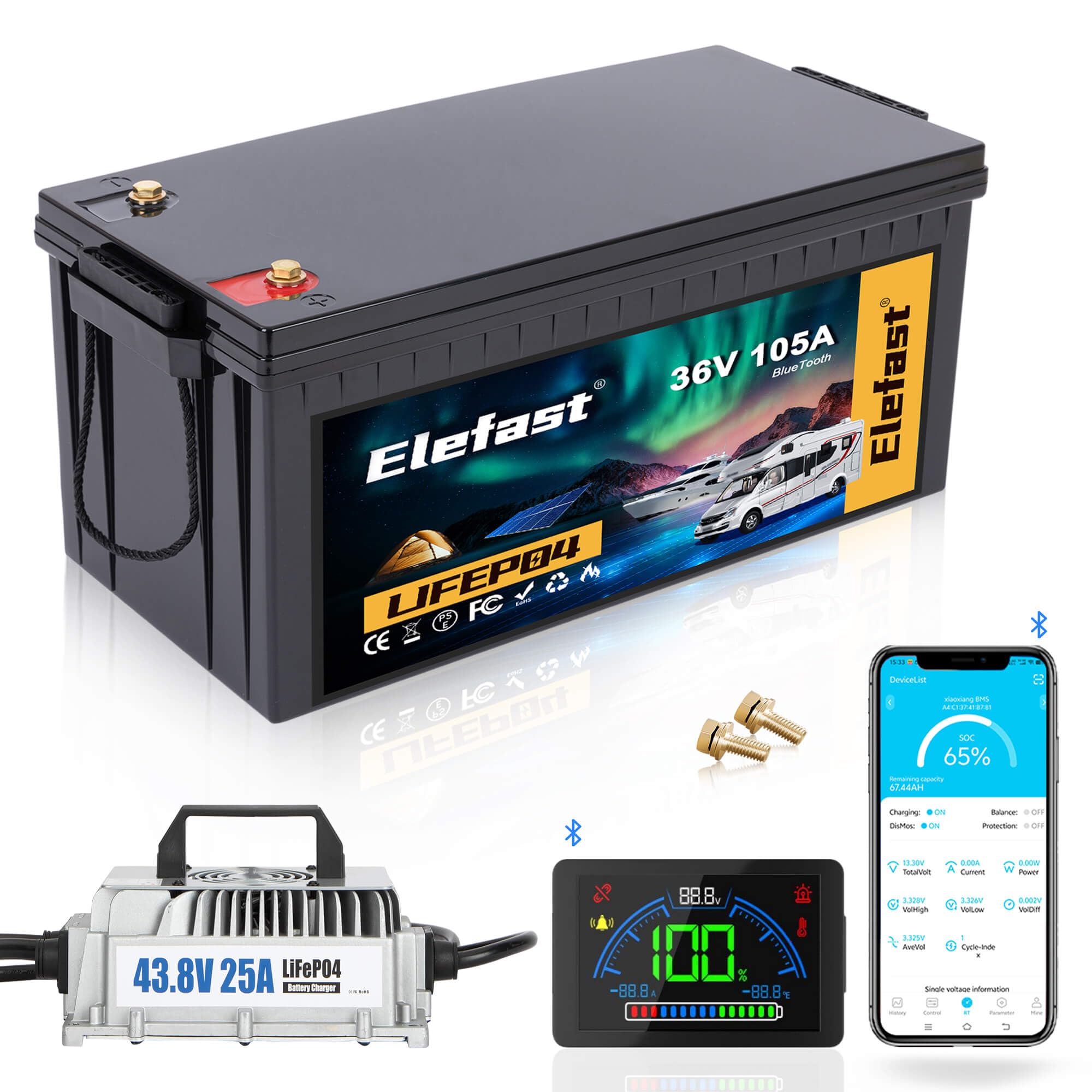 105A 36V Lithium Golf Cart Battery Kit with 43.8V 25A Fast Charger,Built-in Bluetooth and 200A BMS,Peak Current 600A,Up to 6000 Deep Cycle Battery,Perfect for Golf Carts,Trolling Motor,Lawnmower