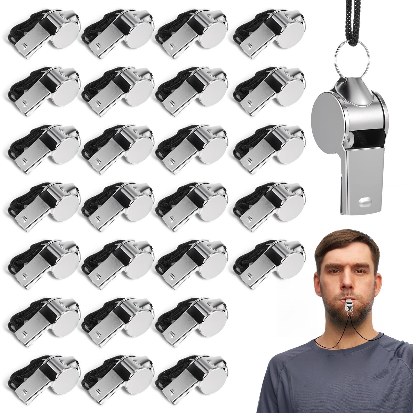 100 Pcs Stainless Steel Whistle Bulk with Lanyard, Loud, Clear Sound Metal Referee Whistle Bulk Sports Whistles for Teachers, Coaches, Police, Referees, Survival Kits & Outdoor Safety
