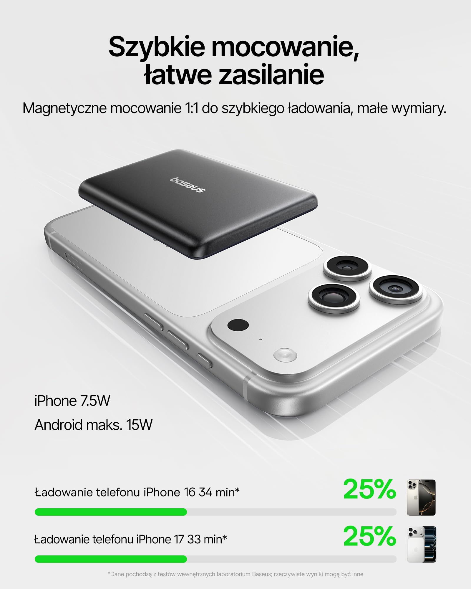 Baseus Picogo AM31 MagSafe Powerbank, Ultra Slim 20 W, szybkie ładowanie, magnetyczny powerbank, bezprzewodowa, zewnętrzna bateria z kablem USB C, przenośna ładowarka, do iPhone 17/16/15/14/13, czarna
