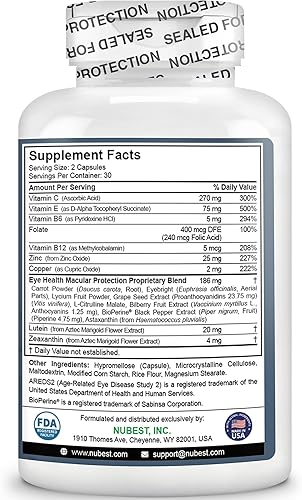 Miniatura 6 de NuBest AREDS 2 Vitaminas para los ojos con polvo de zanahoria beta caroteno, 20 mg de luteína, 4 mg de zeaxantina, arándano, semilla de uva,