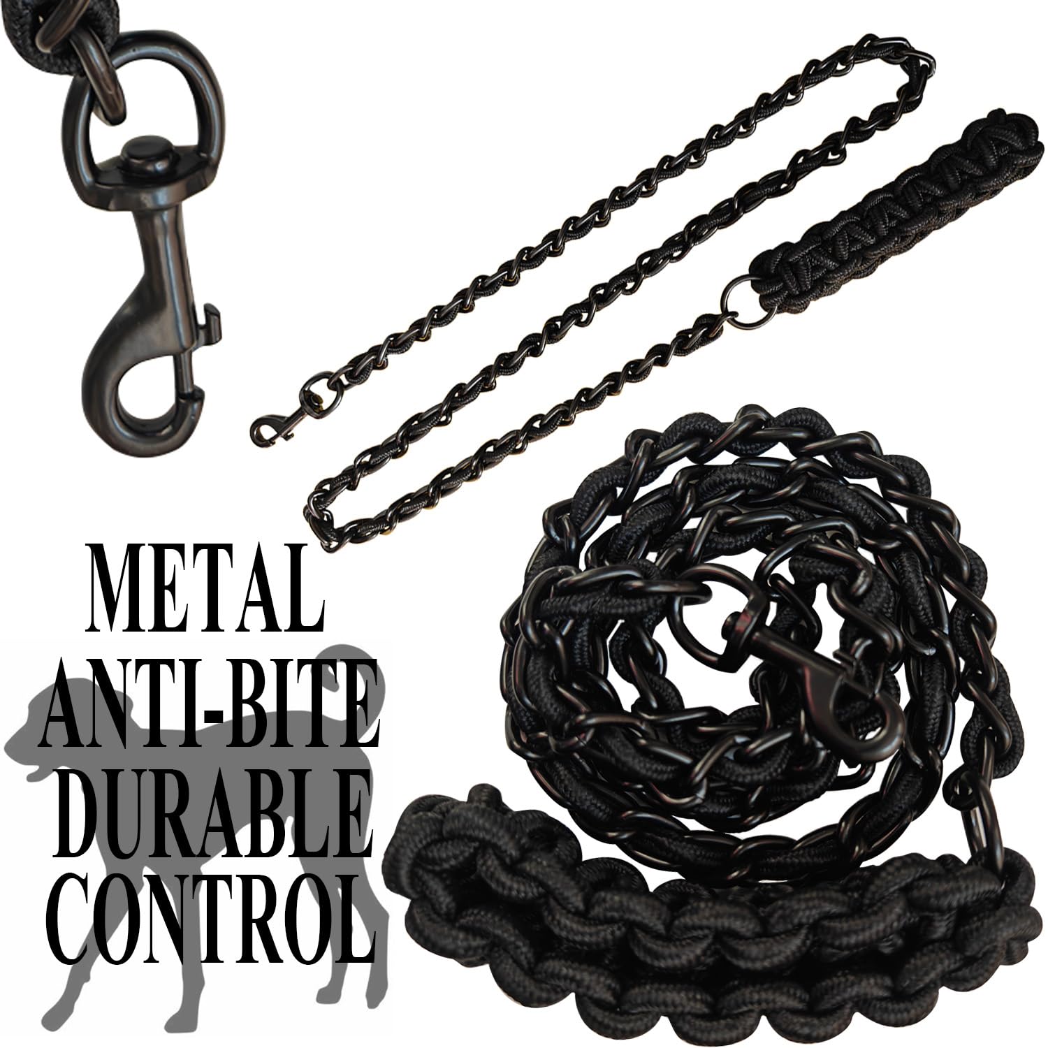 Correa de metal para perro con collar para mascotas, correas de entrenamiento para caminar, resistente y antimordeduras, gancho de cuerda para perros medianos y grandes