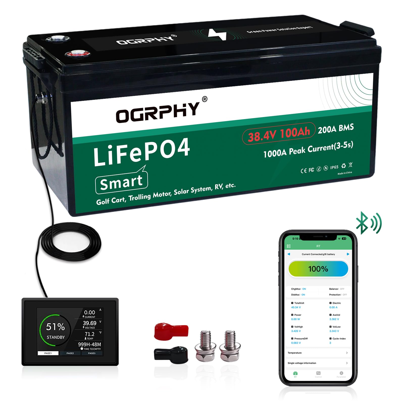 OGRPHY 36V 100AH Lithium Battery, 36V Lithium Golf Cart Battery with 200A BMS and LCD Monitor, 3.84kWh with 7.68kW Output, 1000A Peak Current for Golf