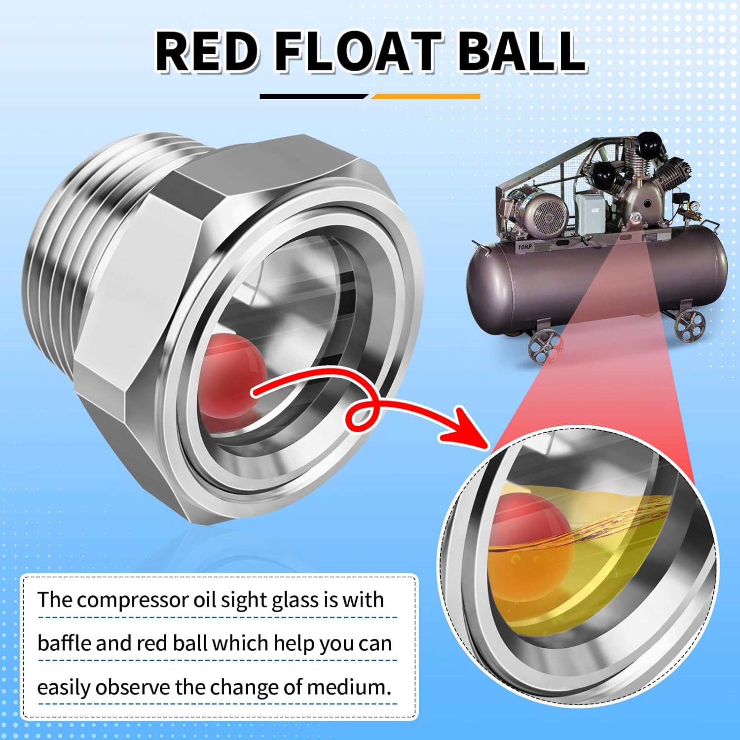 FANOVO 3/4" NPT Stainless Steel Air Compressor Sight Glass with Red Float Ball, Oil Level Sight Glass Replacement Site Plug for Easy Level Checks on Compressors & Water Tanks