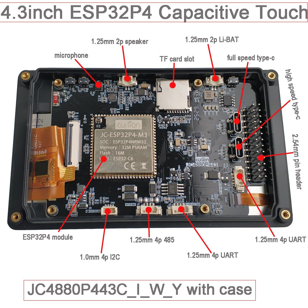 DIYmalls Pantalla ESP32-P4 de 4.3 pulgadas JC4880P443C_I_W_Y Pantalla táctil capacitiva 800x480 IPS TFT LCD Módulo ESP32P4 Placa de desarrollo ESP32-C6 para Arduino IDE