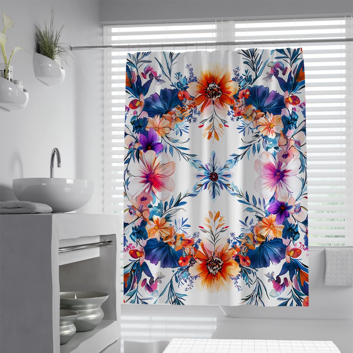 UERWOWELL Watercolor Flower Shower Curtain Bright Multicolored Floral Fabric Bath Curtains Artistic Summer Garden Style Bathroom Decor Curtains W150xL200 cm