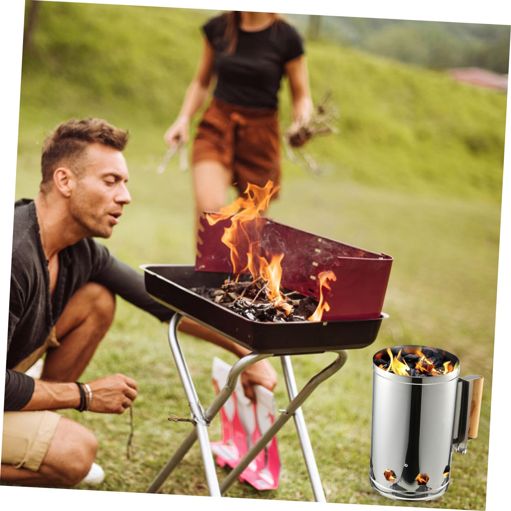 SHINEOFI Schnellzündkamin Holzkohleanzünder mit Holzgriff für Holzkohlegrills Grillzündrohr Outdoor Grillkamin Garten Camping BBQ
