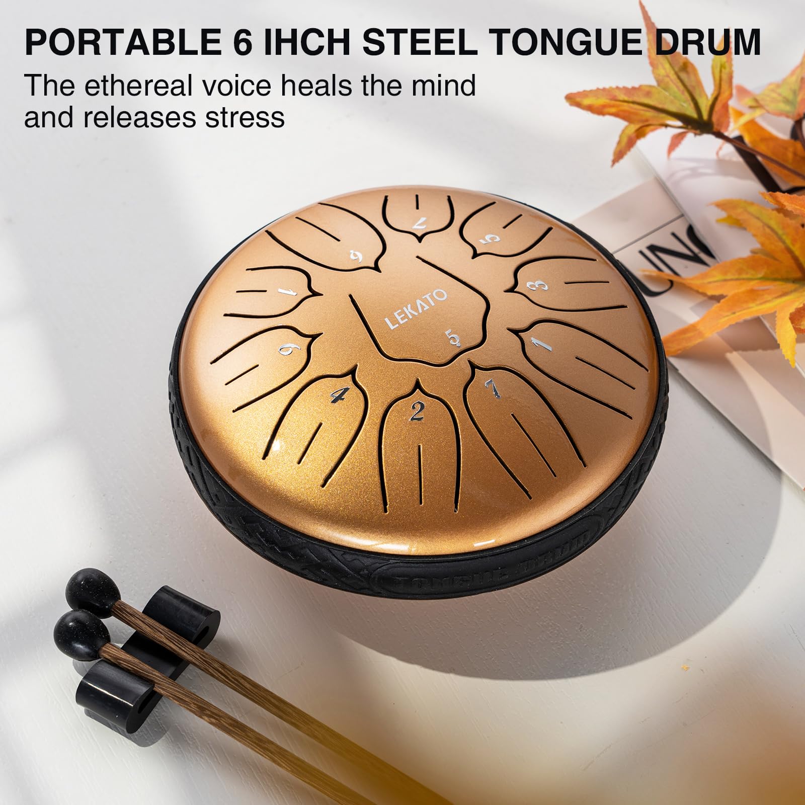 LEKATO Tamburo a percussione con chiave a D, 11 note, 15,2 cm, in acciaio Foglia oro albicocca, strumento a percussione per educazione alla meditazione, kit regalo per principianti