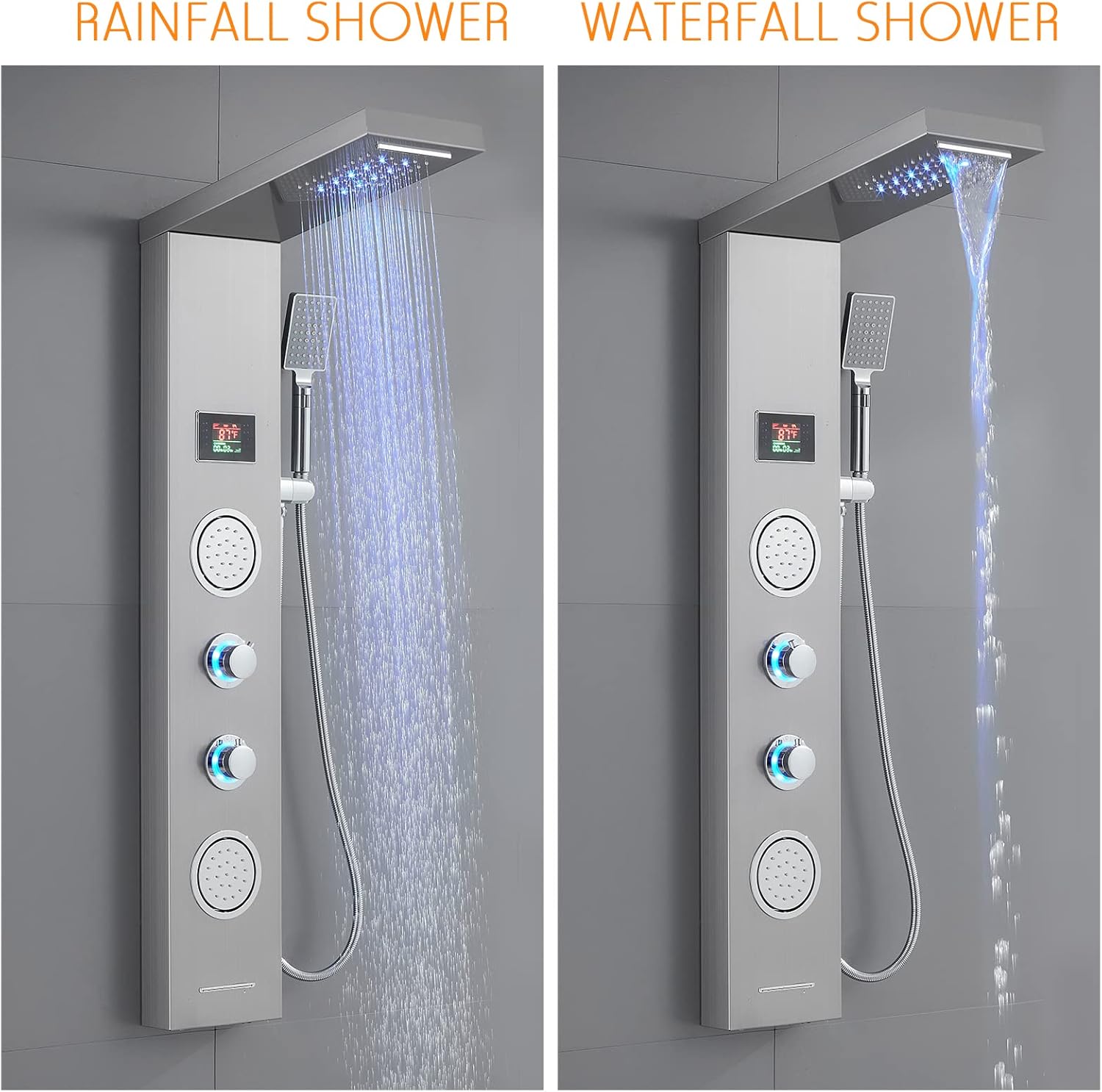 ROVATE Shower Panel Tower System with LED Rainfall Waterfall Shower Head, 5-in-1 LED Stainless Steel Shower Panel System with Body Massage Jets, Handheld Shower and Tub Spout, Brushed Finish