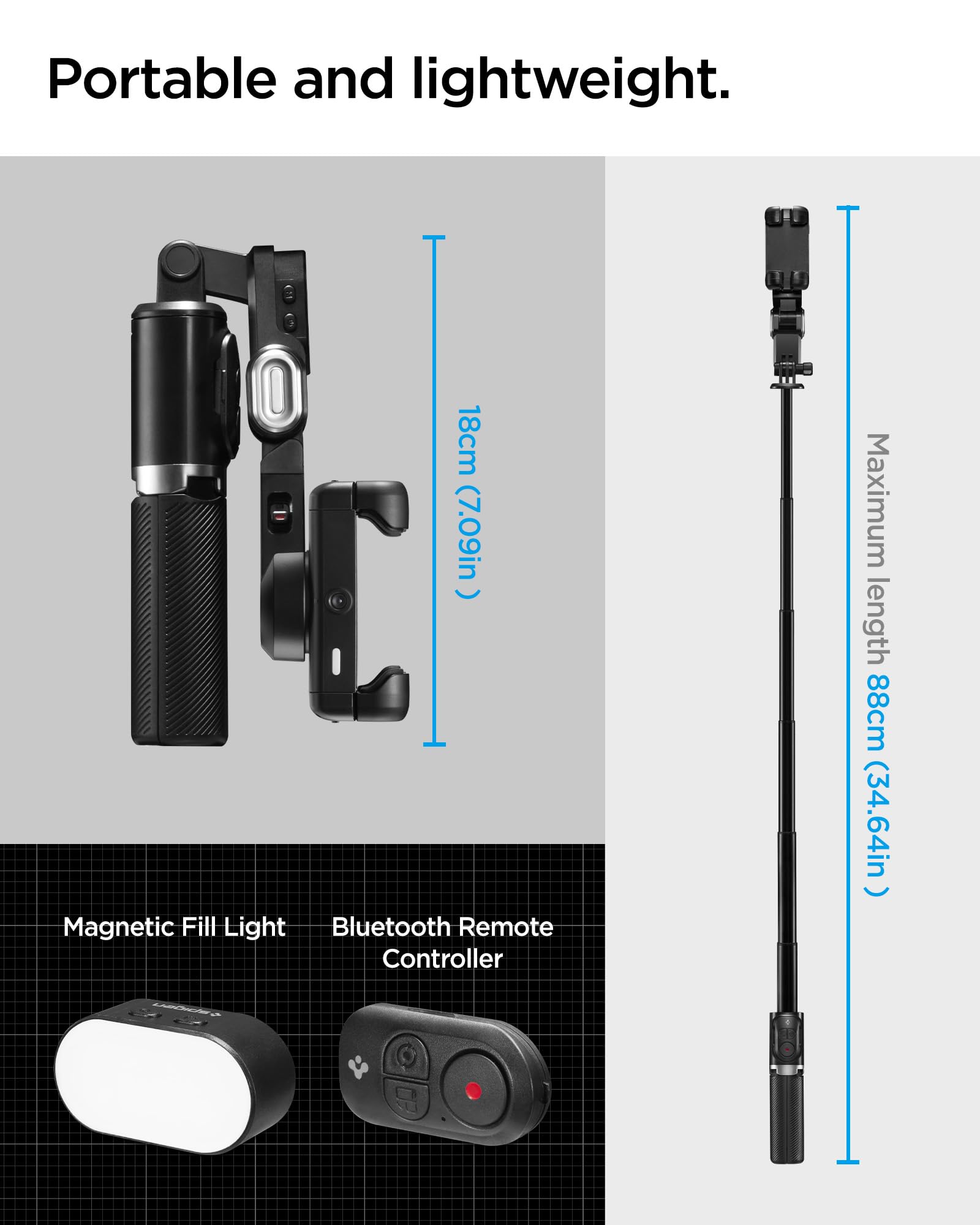 Spigen S620W Stabilizzatore Gimbal per Smartphone con Treppiede a Riconoscimento Facciale, Supporto per Selfie Rotabile Verticale e Orizzontale, Include Luce LED e Telecomando Bluetooth - Nero