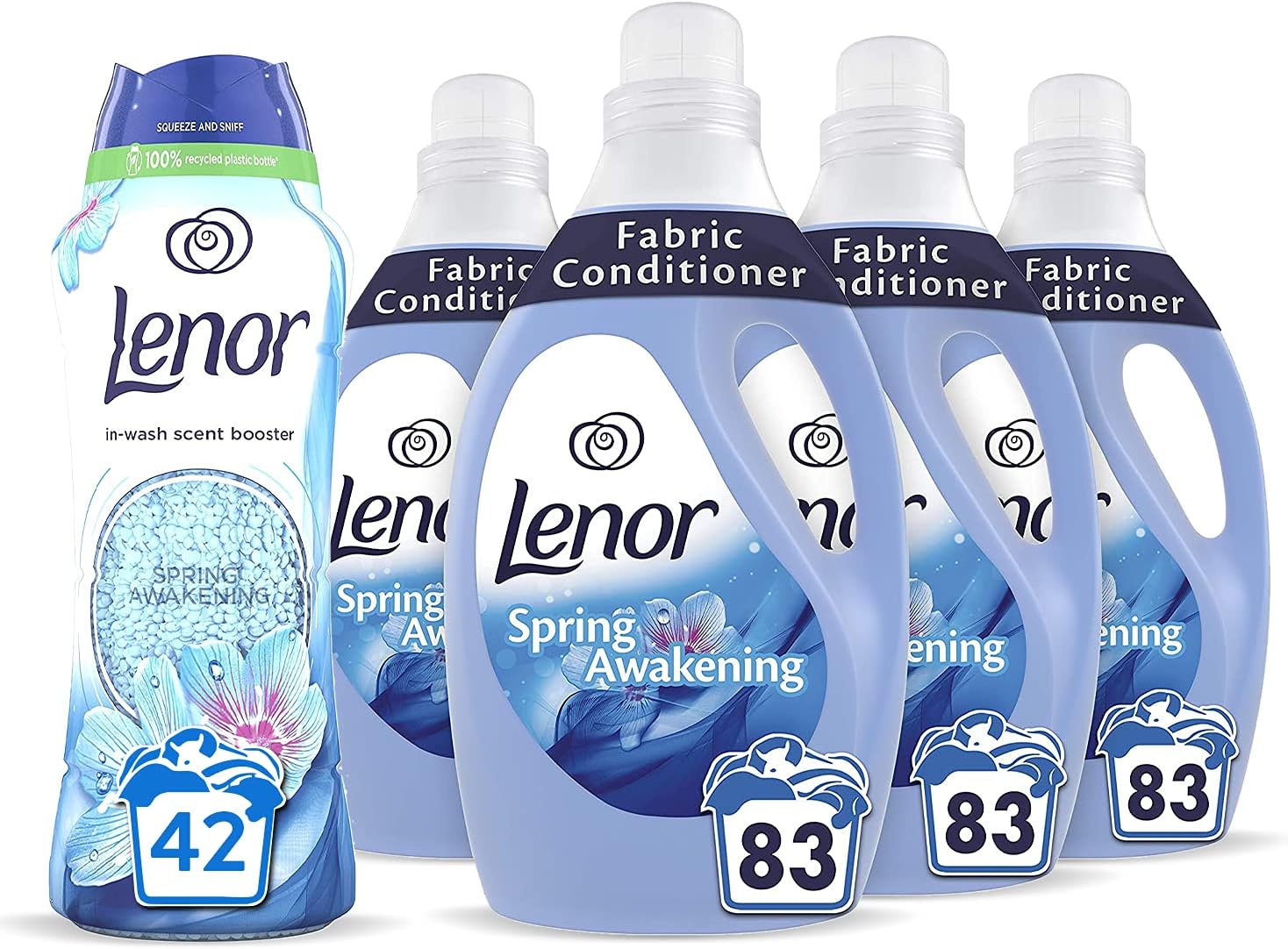 Lenor Fabric Conditioner, 332 Washes (3L x 4) + In-Wash Laundry Scent Booster Beads, 570g, Spring Awakening
