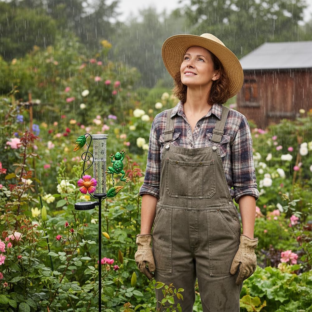 Solar Rain Gauge Outdoor - 7-Inch Glass Tube Frog Design Decorative Weather Gauge for Garden, Yard, Lawn, Patio