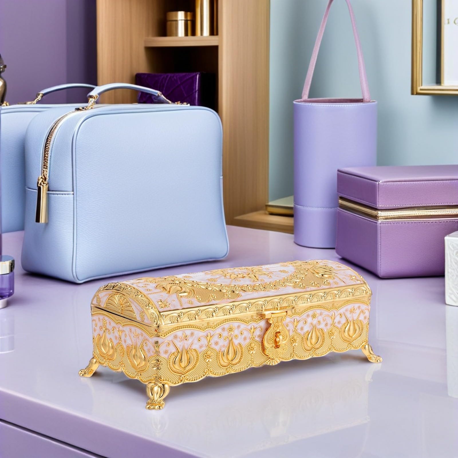 DOITOOL Schmuckkästchen Elegantes Geschenk Vintage aus Zinklegierung Rechteckige mit Flanell Innenfutter Aufbewahrungsbox zur Organisation von Ringen Ohrringen und Halsketten